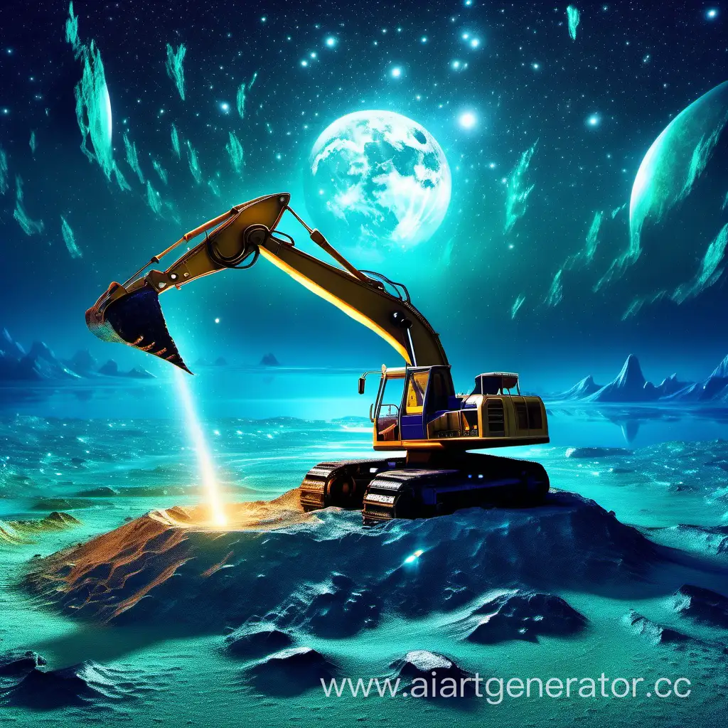 Stunning excavator made of crocodile leather digging a deep pit on a planet made of diamonds, a space flying saucer with flickering lights emerges from the pit, emerald dunes, sapphire rain, starry night sky, full moon, (night), artist Aivazovsky, high quality, high level of detail, three-dimensional rendering