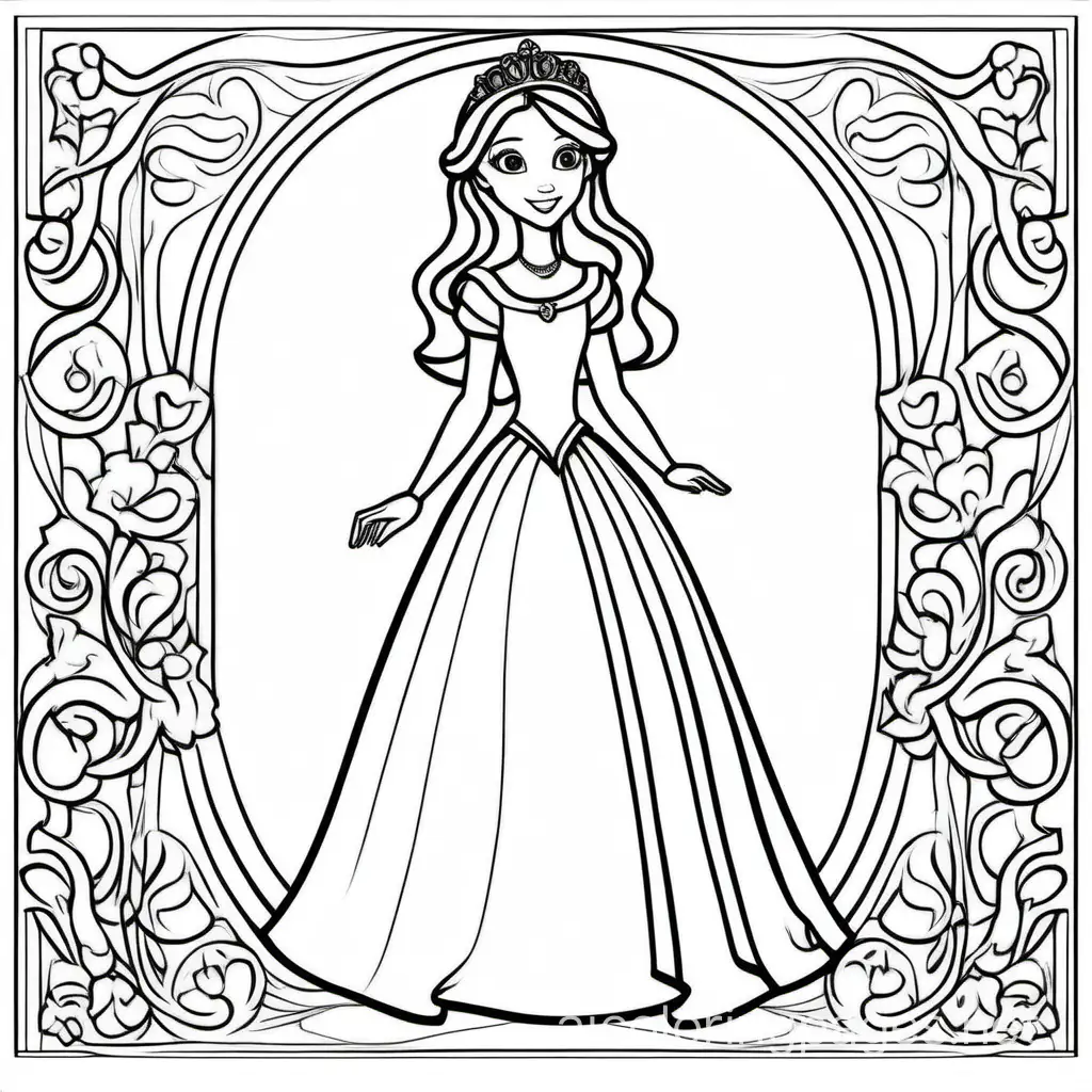 princesse, Coloring Page, black and white, line art, white background, Simplicity, Ample White Space. The background of the coloring page is plain white to make it easy for young children to color within the lines. The outlines of all the subjects are easy to distinguish, making it simple for kids to color without too much difficulty