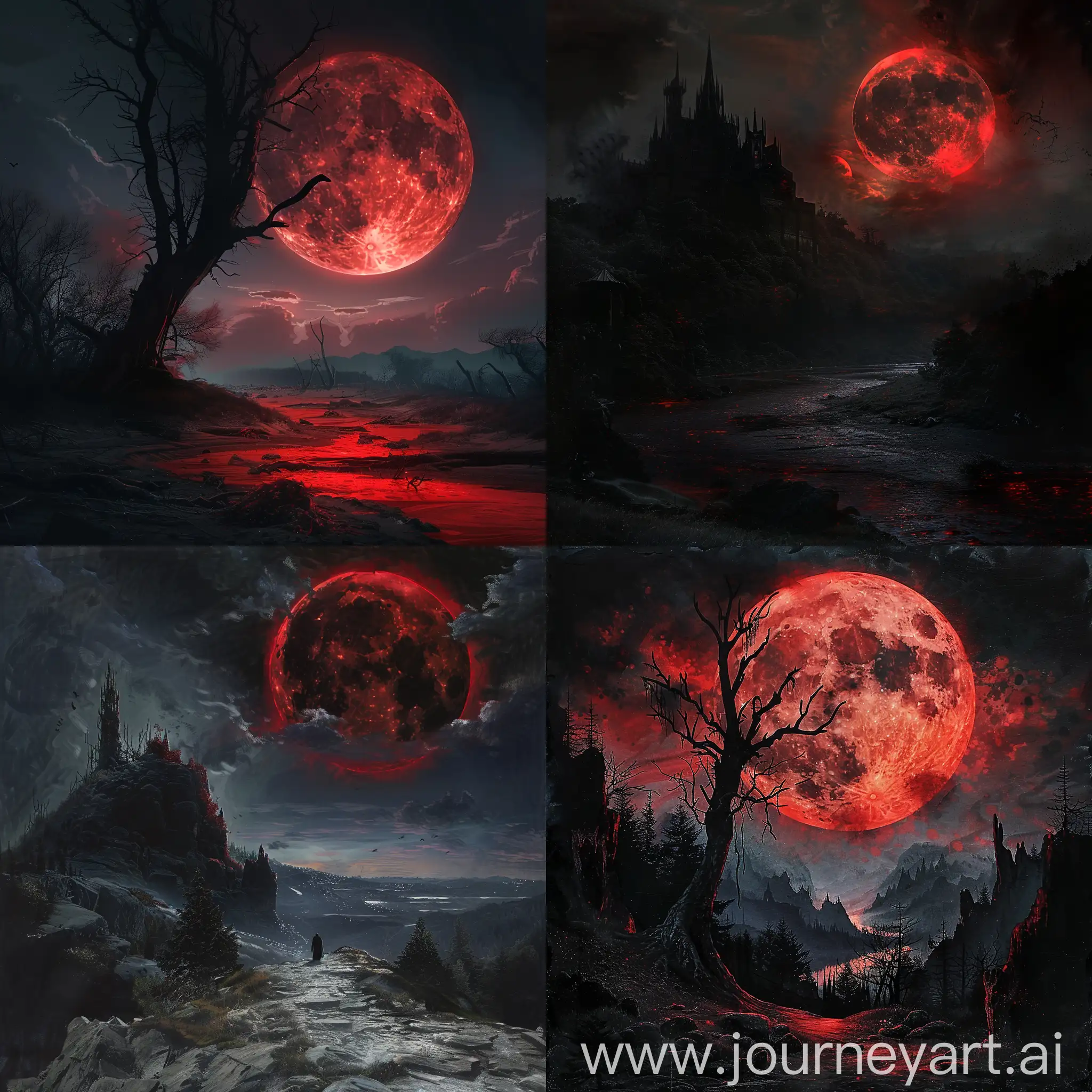 Dark fantasy, gothic horror, anime style, landscape, blood moon