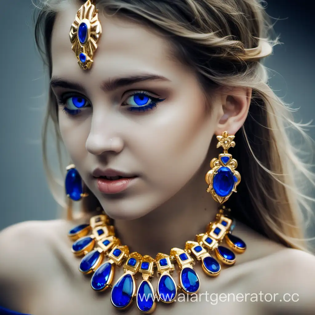 Girl-Wearing-Elegant-Golden-Jewelry-with-Blue-Gemstones