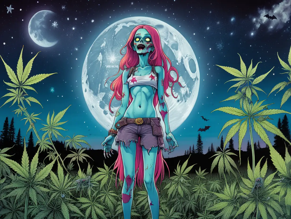 Vibrant Zombie Woman Amidst Cannabis Under Night Sky with Moon Stars and Bats