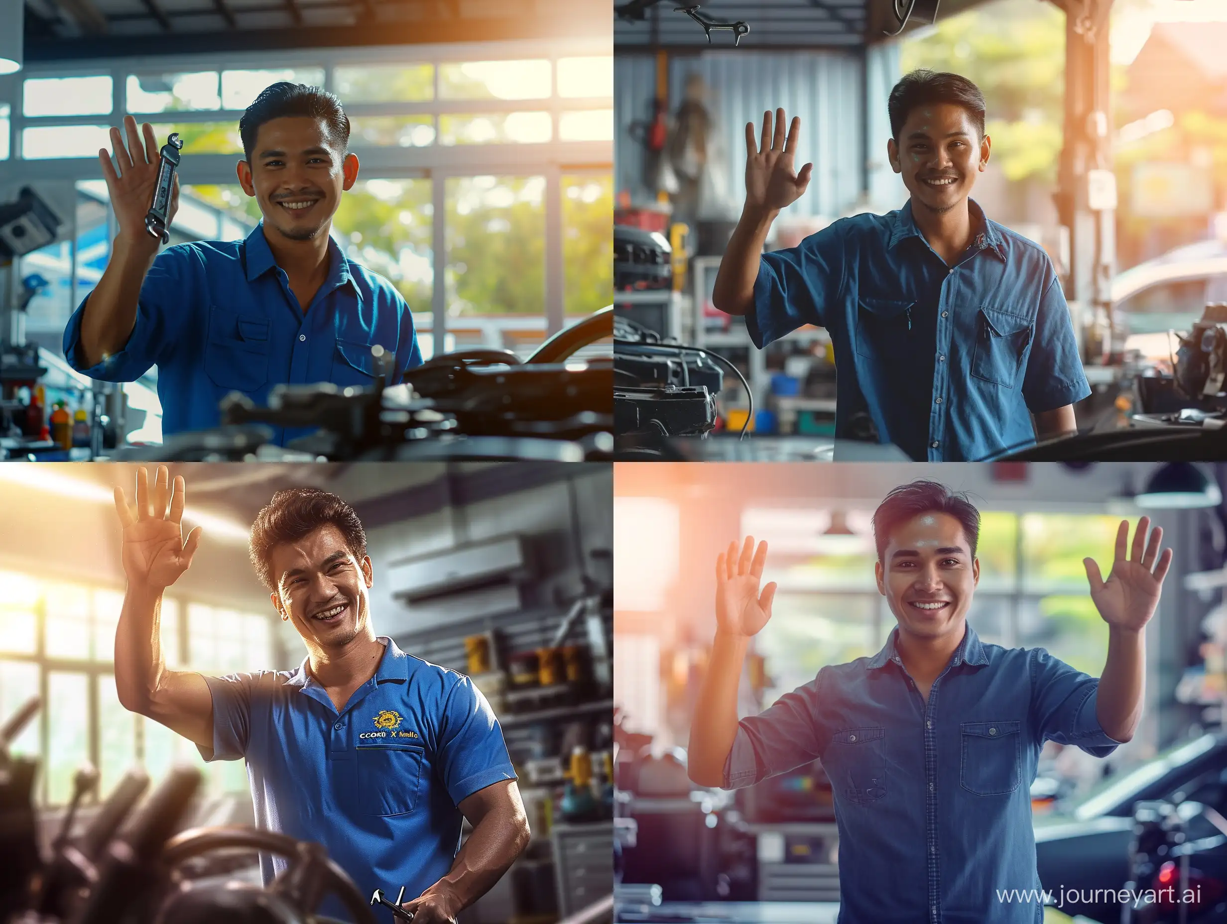 Ultra realistic, a malay male mechanic wearing a blue shirt is smiling while waving. in his left hand he holds a spanner. . he is in a modern car workshop. atmosphere in the morning. there is morning sunlight. canon eos-id x mark iii dslr --v 6.0