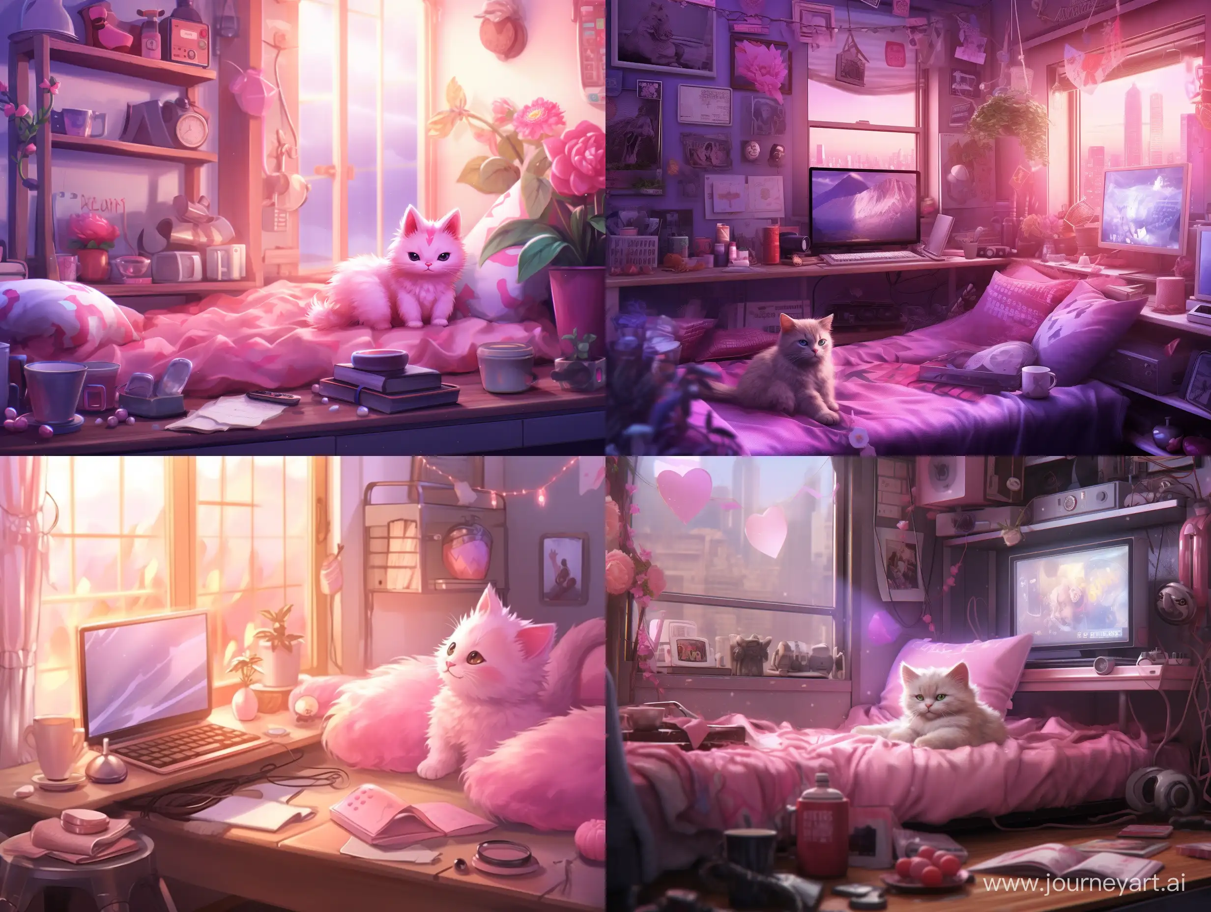 Комната геймера, кот спит на столе, ламповая атмосфера в розовых тонах