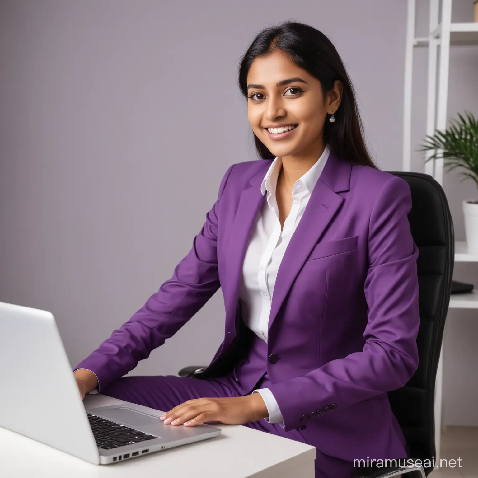 indian female happy working as purchasing manager, purple color suit. sitting on the office chair, use the laptop