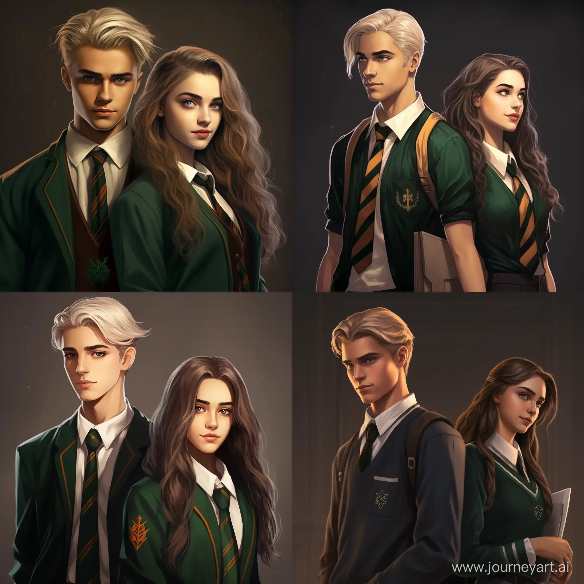 Draco Malfoy and Hermione Granger. Hermione is a brunette! They're at Hogwarts. Draco is wearing a Slytherin Quidditch uniform, and Hermione is wearing a school uniform