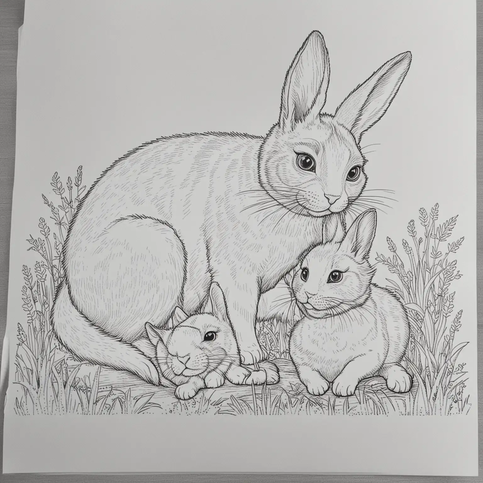 Create a coloring page for 4 a 4-year-old so that he can color it.
He wants to have a cat laying on a rabbit.
So there are two animals: the cat and the rabbit. One animal is laying on the other one.