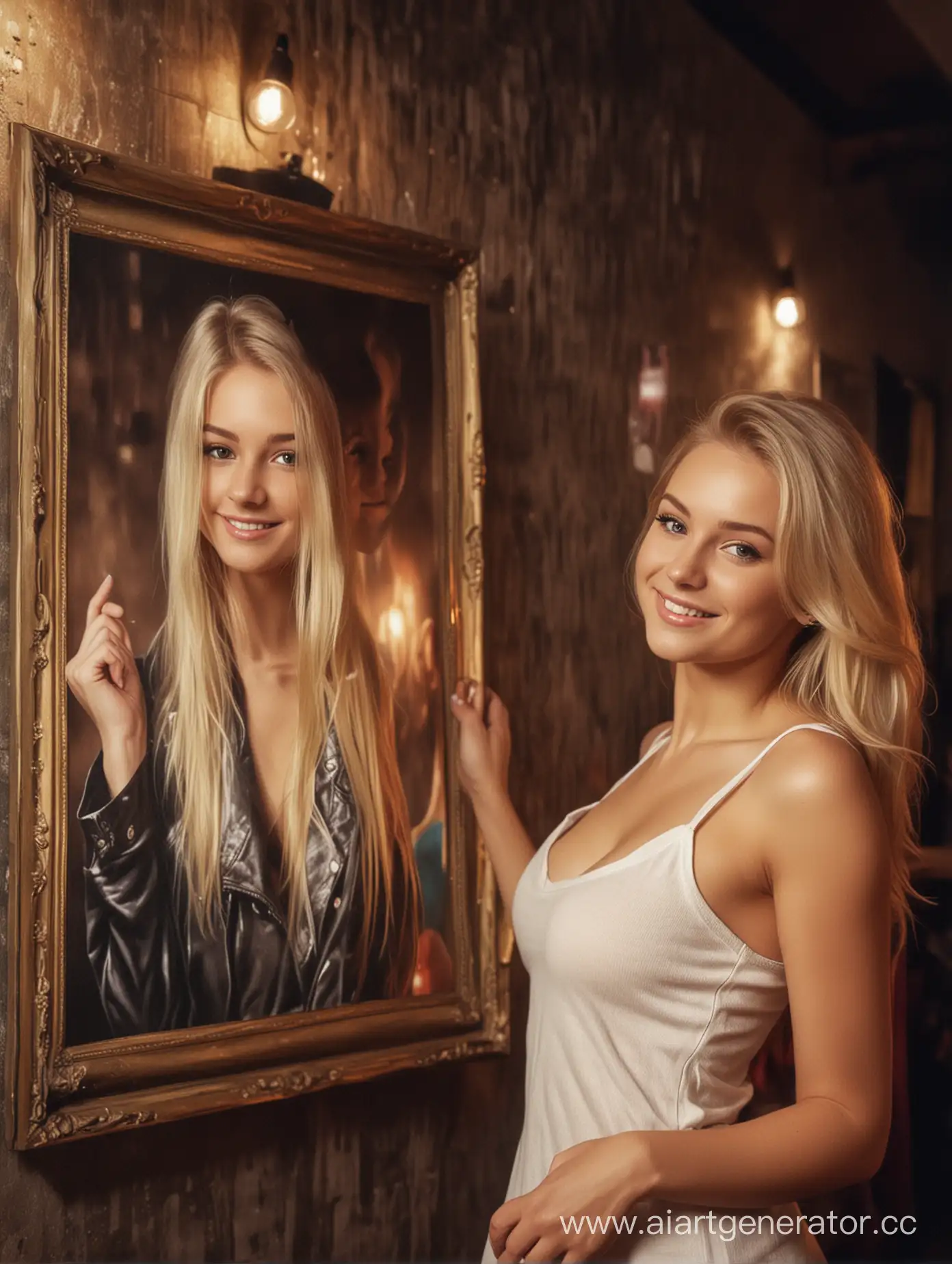 A happy, beautiful blonde girl holds a portrait on canvas in her hands. In a nightclub. Full-length. realistic. High definition. High quality.