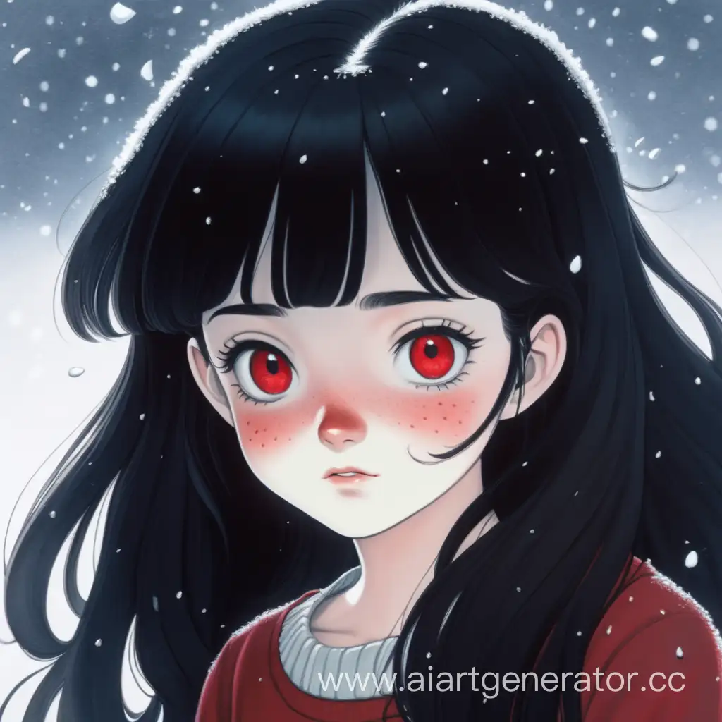 A thin 20-year-old girl with snow-white skin and freckles. Ruby-red eyes with black flecks, thick black hair. Ghibli art style.