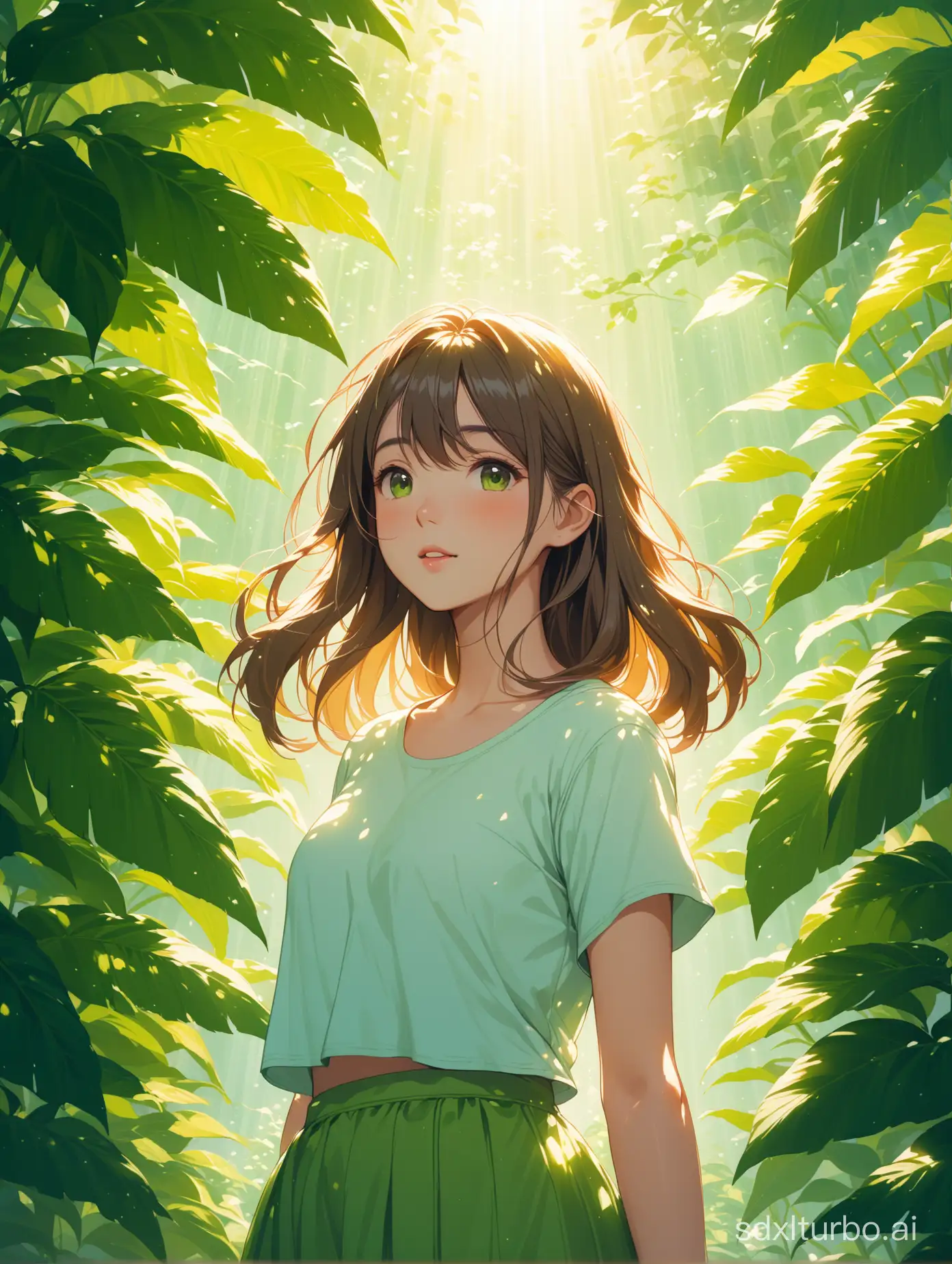 A playful girl in a half-body portrait, standing in a garden with her hands behind her back, wearing a summer outfit with a skirt and T-shirt, her hair gently blowing in the breeze, surrounded by a variety of flowers and green plants, sunlight filtering through the leaves creating beautiful light patterns on her, masterpiece, best quality, 4k, illustration style, best lighting, depth of field, detailed character, detailed environment.