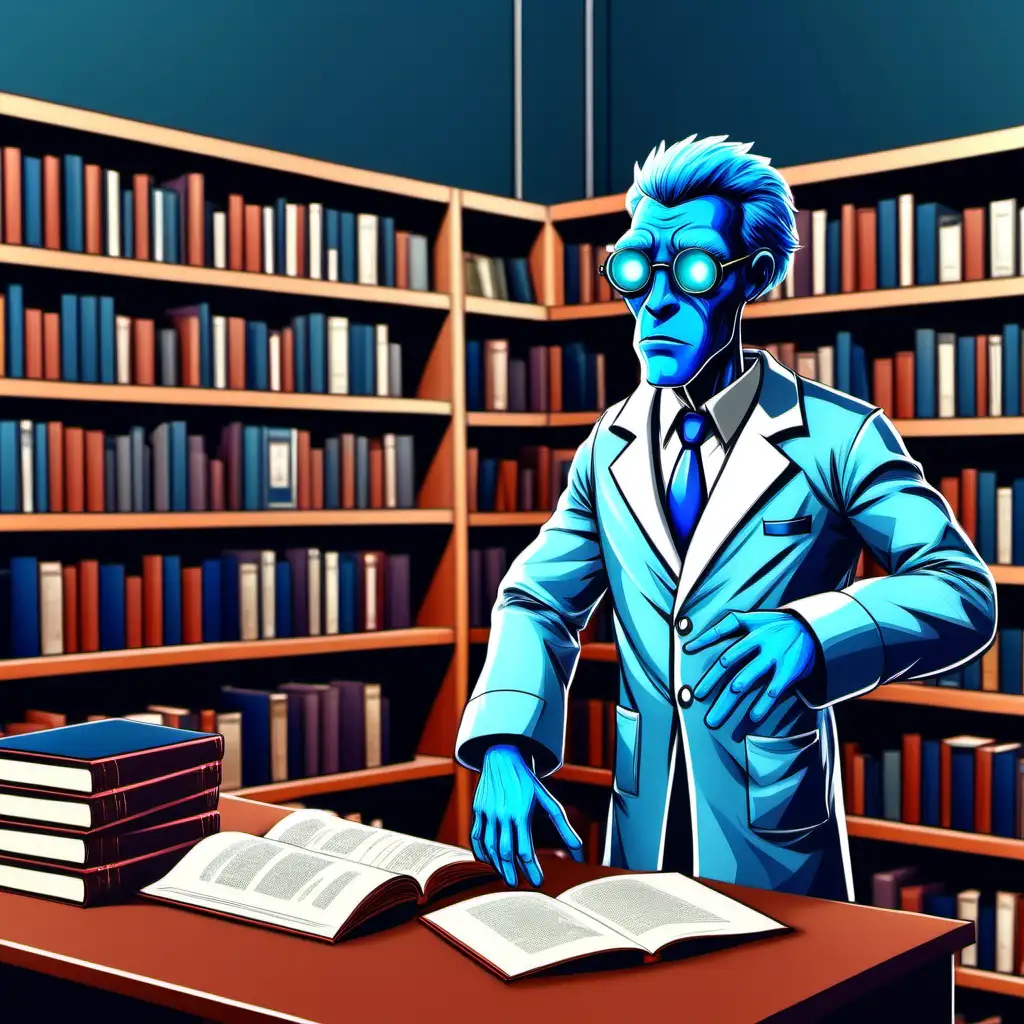 blue humanoid scientist in a library scenario (cartoon)
