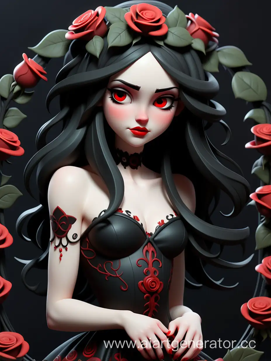 Goddess of Black Roses. Kind, fragile, delicate girl. Tall pale-skinned girl with long black hair, red eyes, plump lips, gentle, kind, innocent smile. She is dressed in a knee-length black dress with red patterns, and red stockings. On her head is a lush wreath of black roses. The background is dark. In her hands, she holds a single rose.