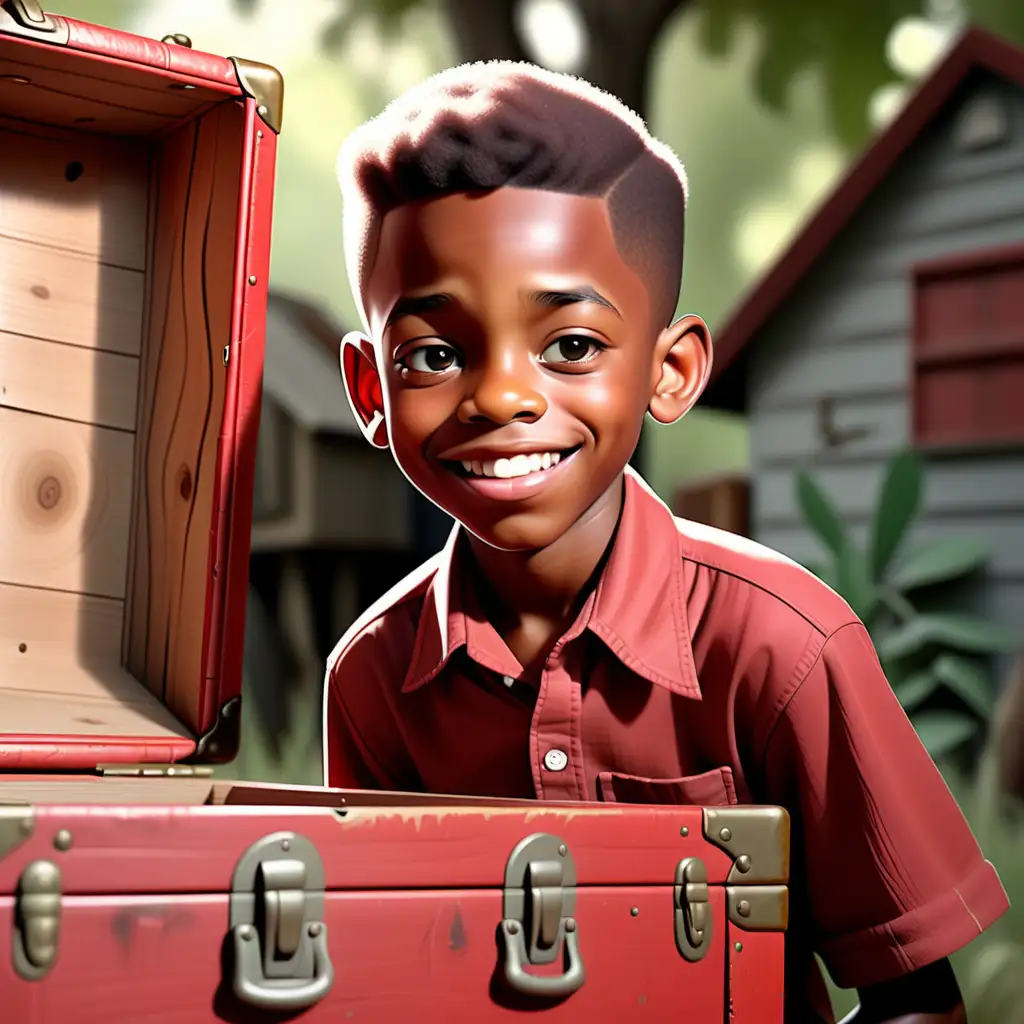 AFRICAN AMERICAN BOY CUTE AND HAPPY 10 YEARS OLD IN RED SHIRT  AND CLEAN CUT HAIR STYLE FINDING A vintage wood trunk FILLED IMAGES OF OLD PHOTOS AND MAGAZINES ABOUT THE 1963 CIVIL RIGHTS IN A OLD SHED DIMLY LIGHT