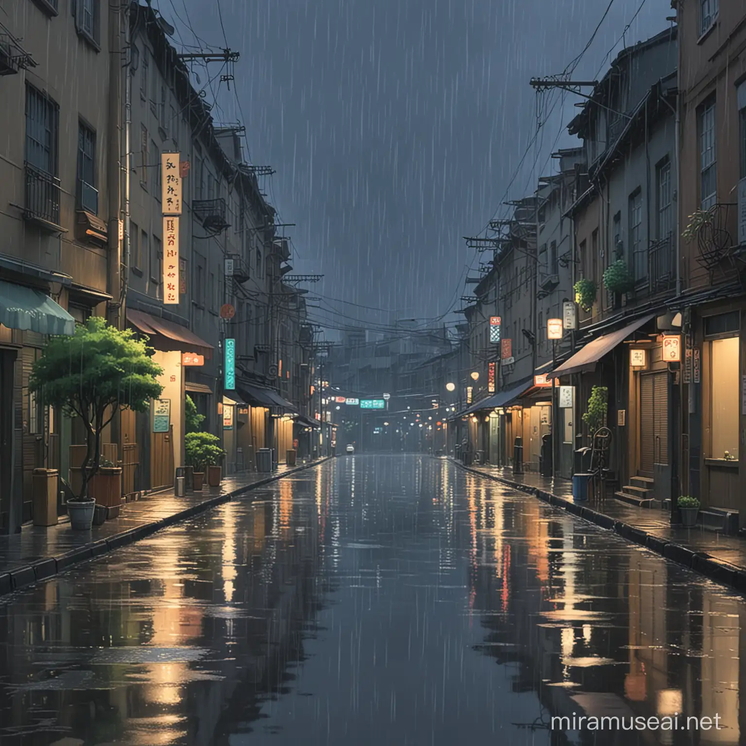 Ghibli AnimeInspired Cityscape in Gentle Rain