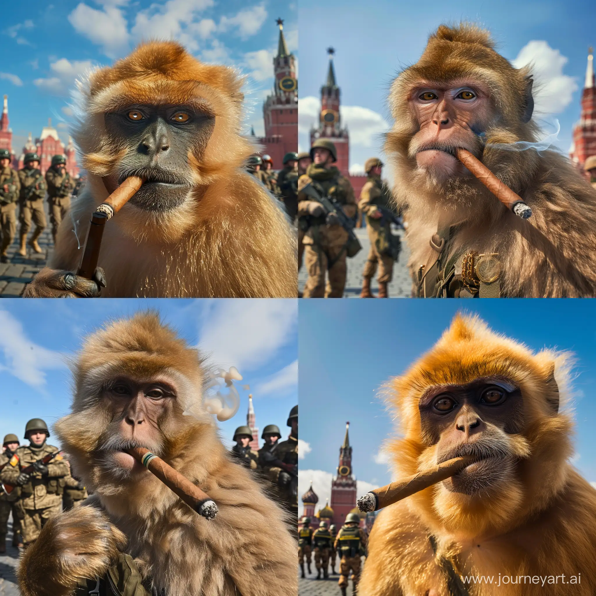 Golden-Monkey-Captivates-Soldiers-on-Red-Square-with-Cigar