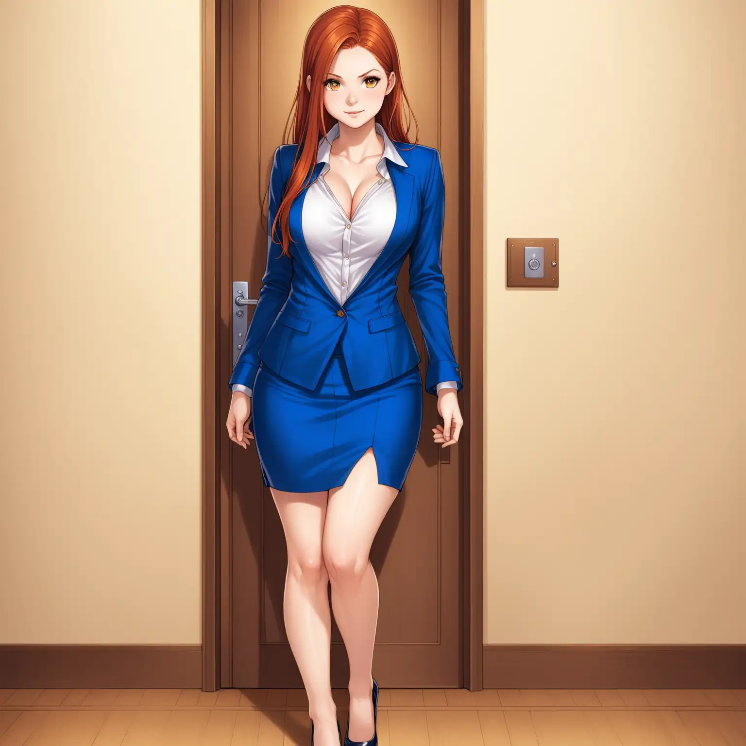 vue dynamique de face, sur le pas de porte de chambre, entre dans un chambre, pose très suggestive sexuellement érotique, Ginny Weasley, 25 years old, measuring 168 cm and weighing 50 kg mince yeux marrons seins bonnet D, veste de tailleur bleu royal ouverte en lin manche longues et chemise blanc nacré en satin stretch soyeux manches longues très très échancrée et micro jupe crayon bleu royal en lin et escarpins noir 