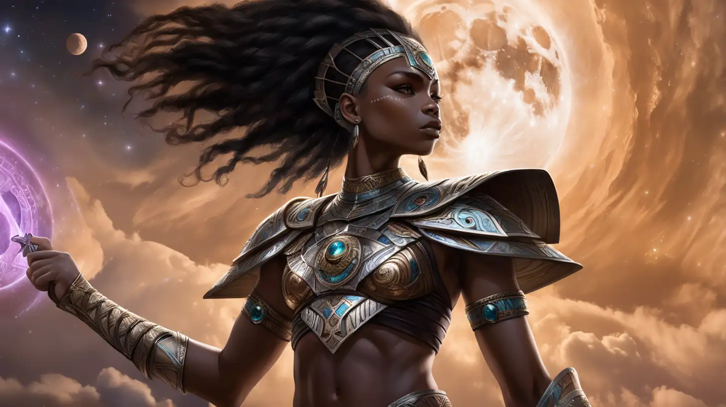 African American Warrior Seraphina Confronting Celestial Shadows