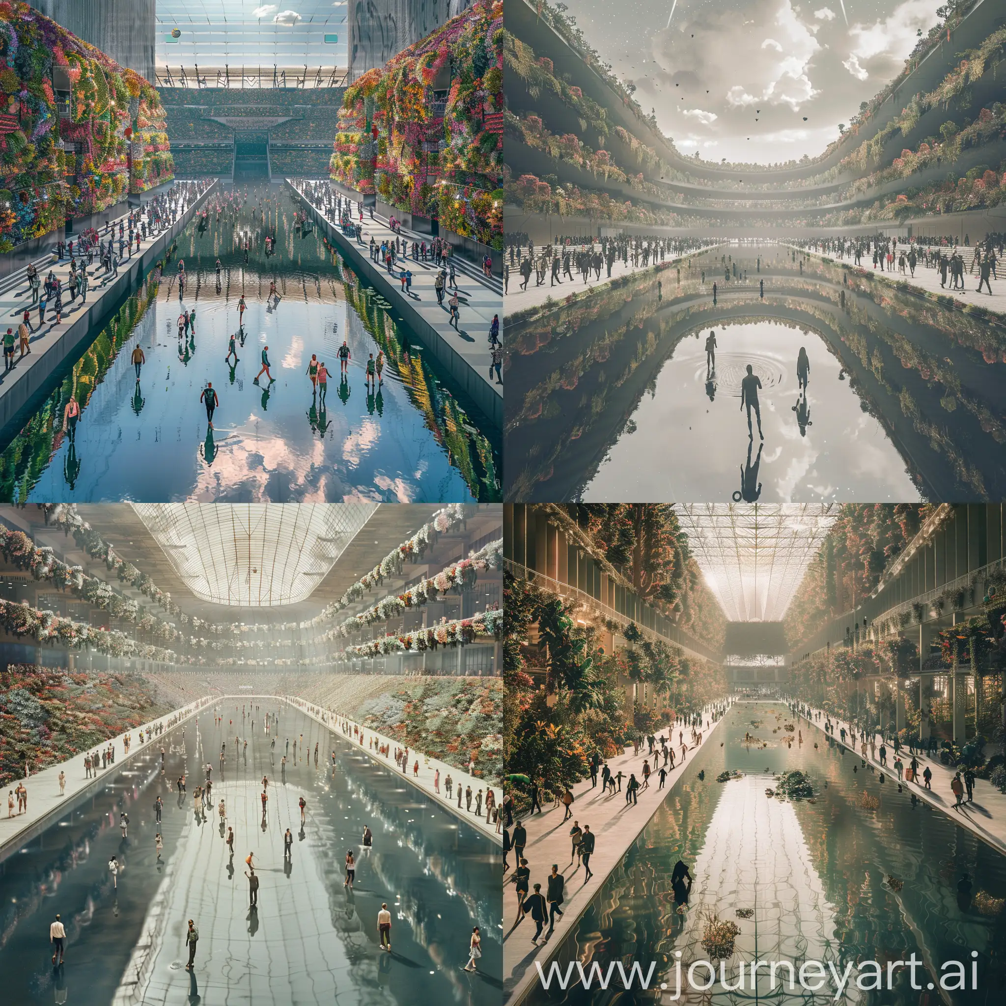 photograph of many people walking on a large perfectly-still lake that is situated in the middle of a very large ultramoder stadium decorated in botanical splendor with many people looking skyward into the universe