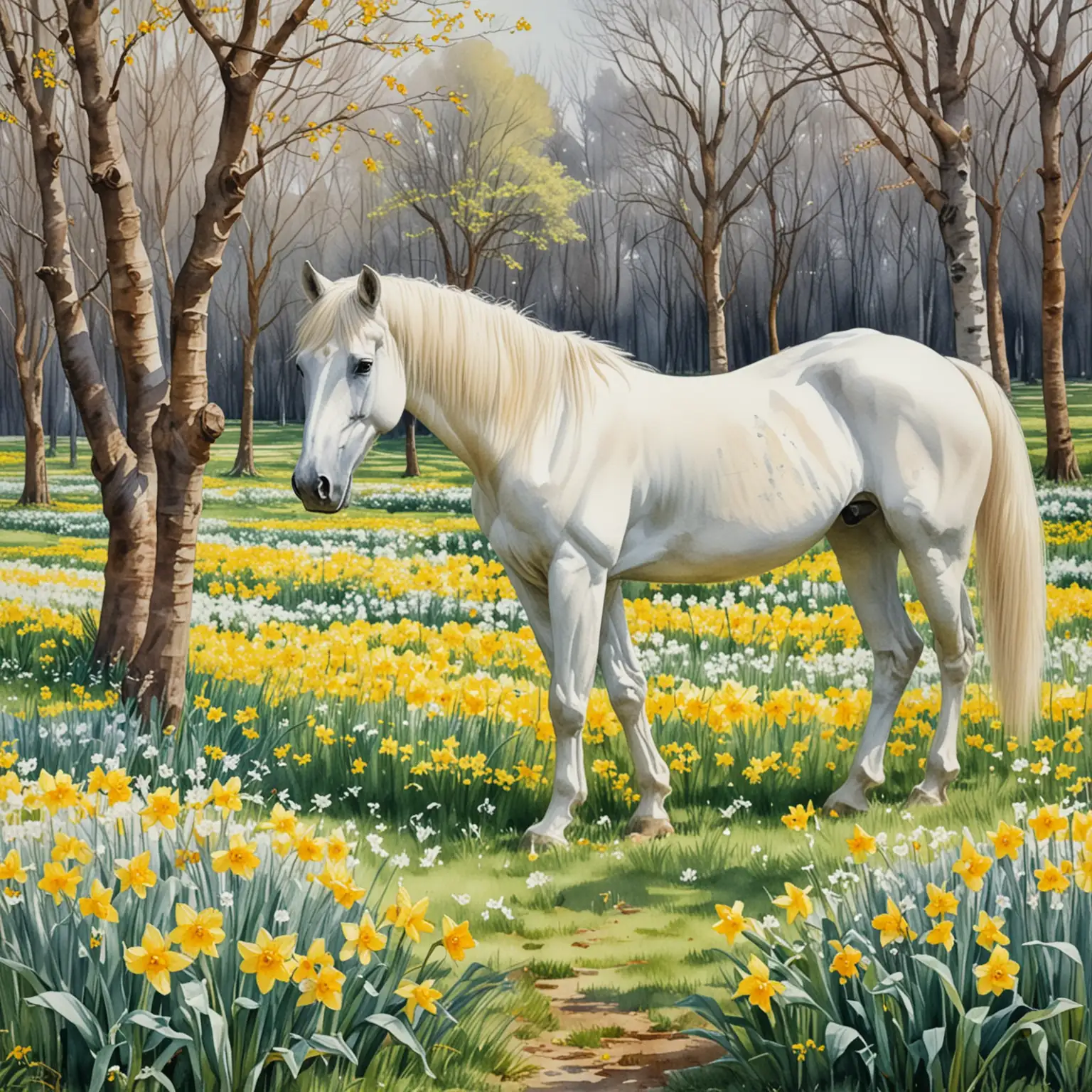 Spring in the park, a white horse graze grass and daffodils spread, watercolor, beautiful park, detailed, cubism, modern art, Bruno Amadio style, G. Bragolin style