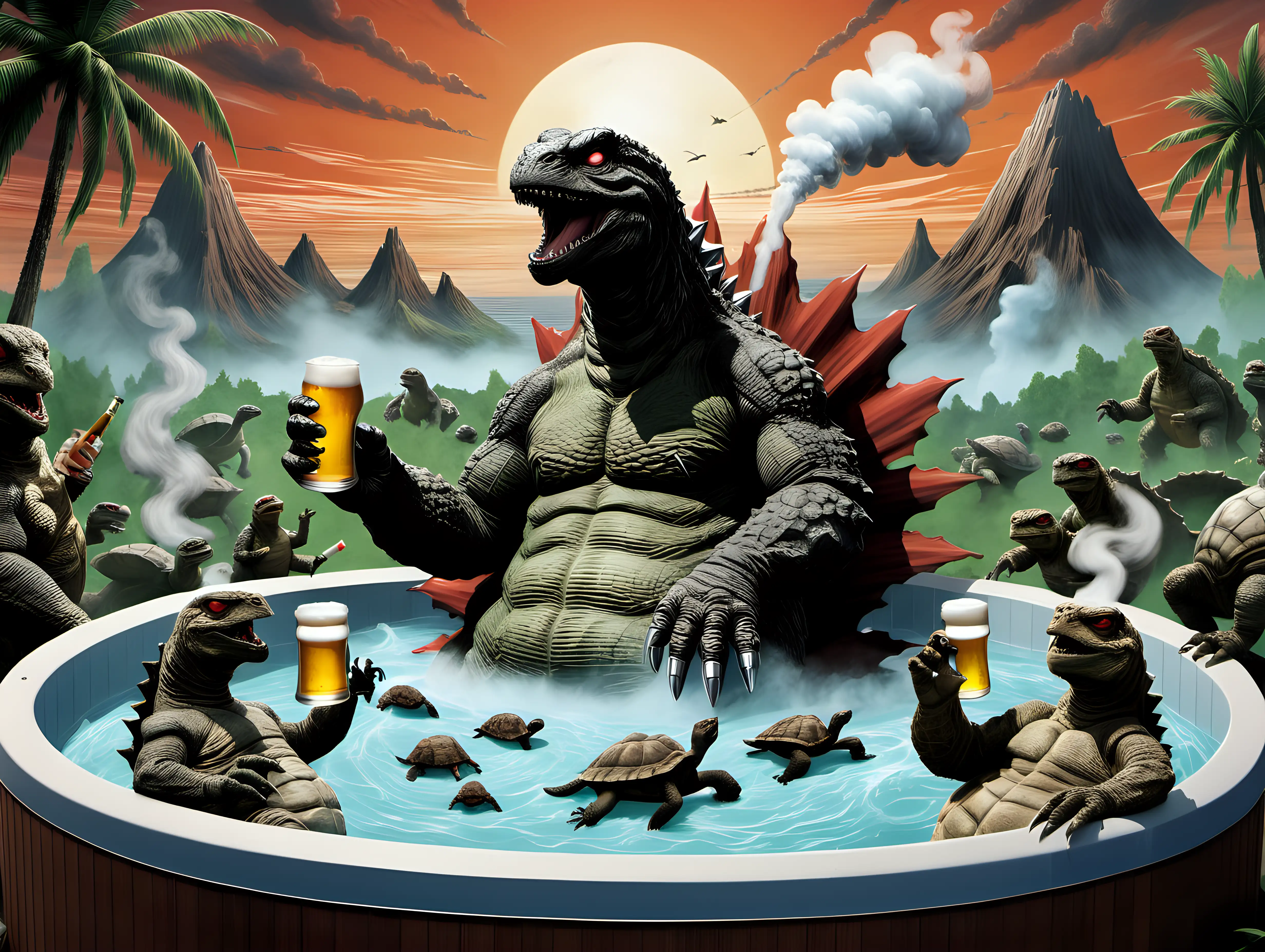 Godzilla in a hot tub with giant tortoises drinking a beer and smoking a joint