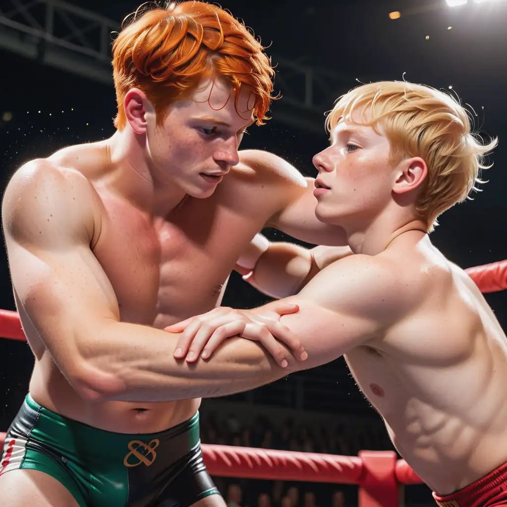 redhead freckles boy wrestling with a blonde  boy in a ring riding on his back