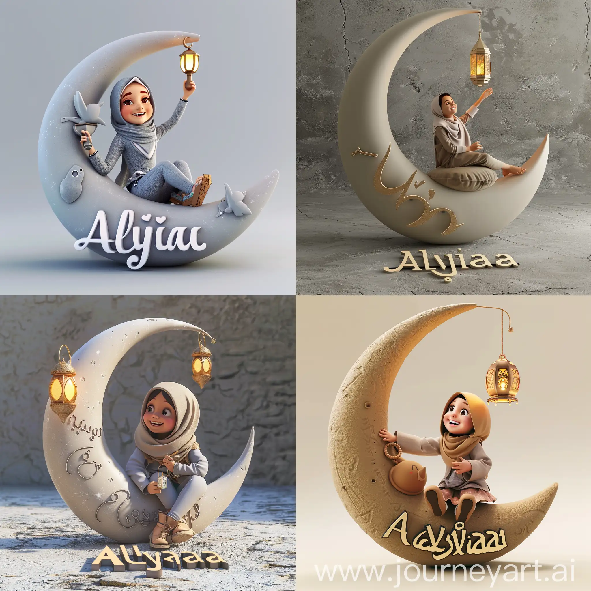a Muslim girl sitting on a 3d crescent moon holding a Ramadan lantern and smiling, on the ground there is a big 3d text "Alyaa"