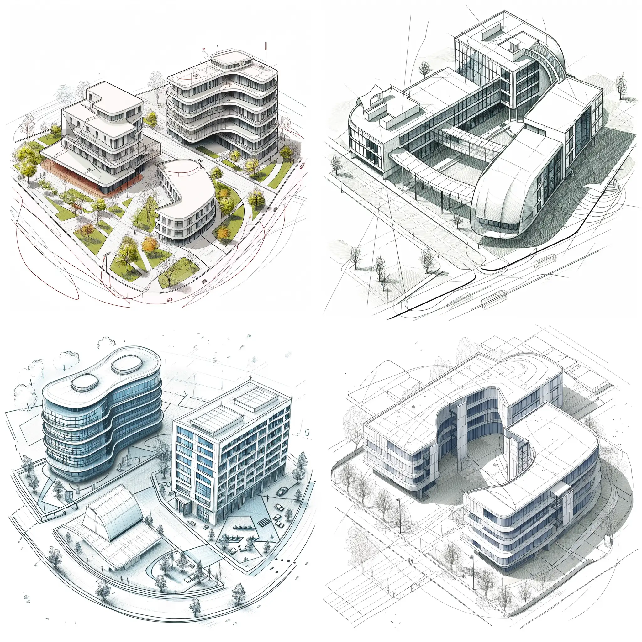 sketch Process diagram isometric of university With two Modern building with curves hatch and one campus between them as an architect , full details