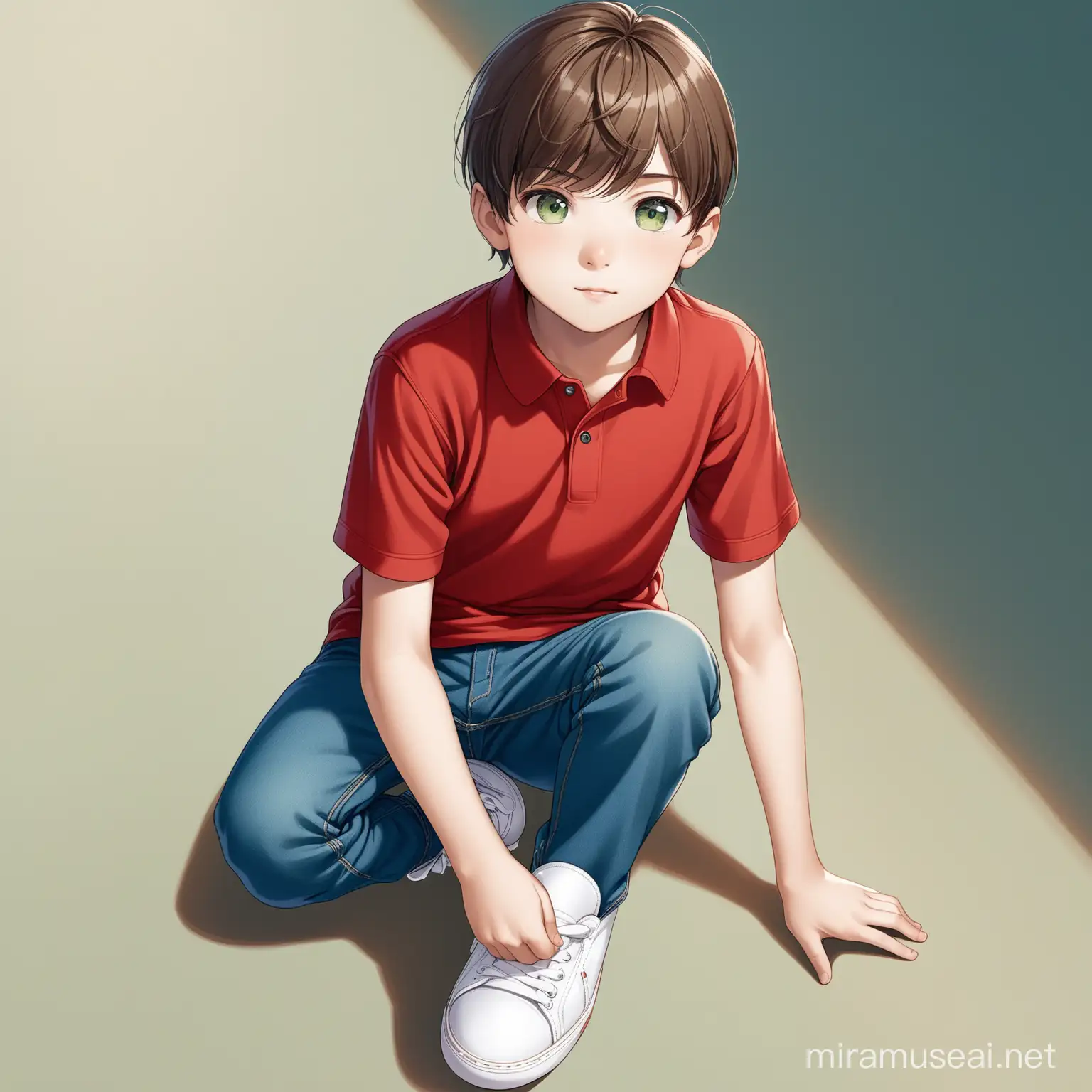 Ten-year-old boy with fair skin, brown hair with bangs, grayish green eyes, wearing a red polo t-shirt, blue jeans and white sneakers