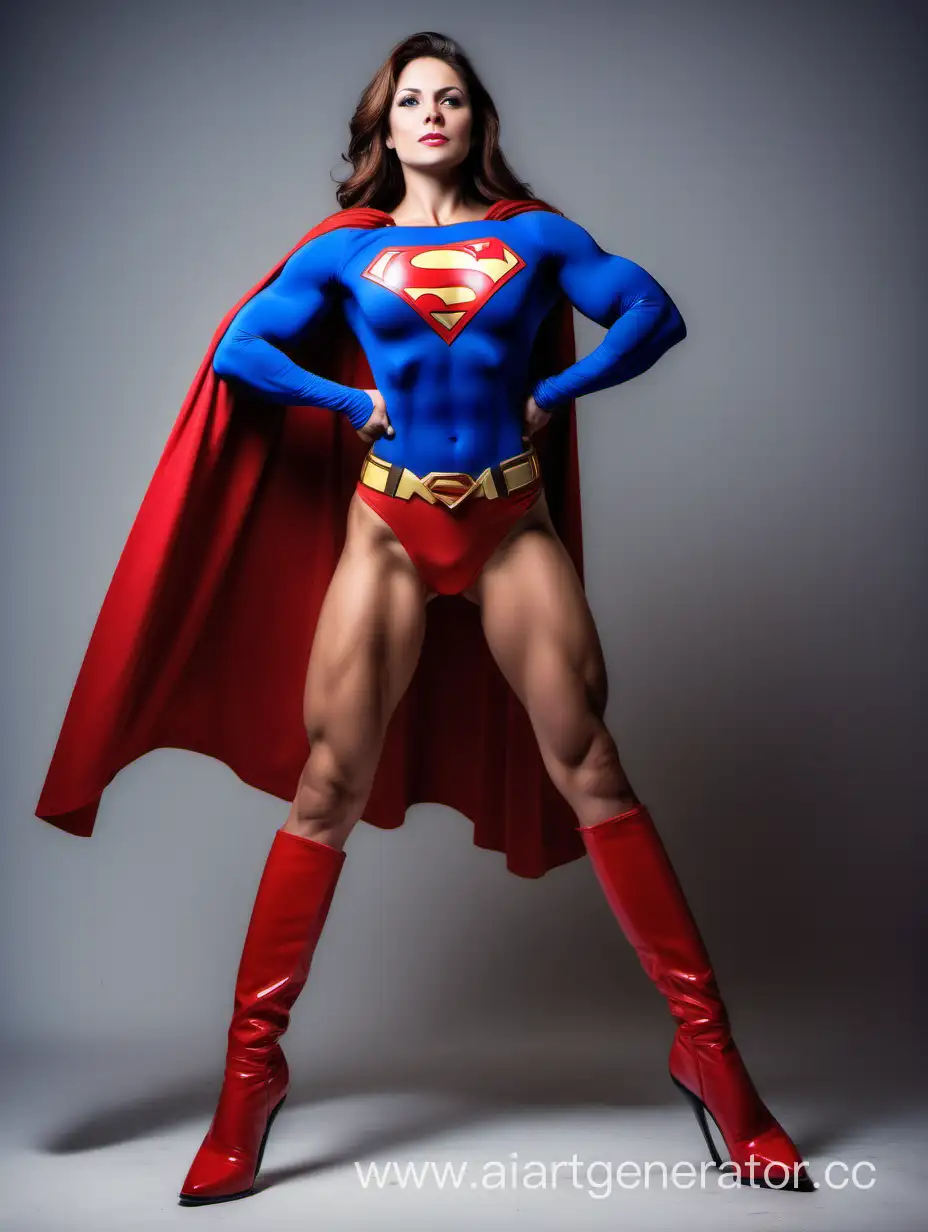 A pretty woman with brown hair, age 27. She is confident and strong. She is extremely muscular. Her arm muscles are over overdeveloped. Her leg muscles are over overdeveloped. Her chest muscles are over overdeveloped. Her abdominal muscles are over overdeveloped. She is wearing a Superman costume with blue leggings, long sleeves, red briefs, red boots, and a long flowing cape. She is posed like a superhero, strong and powerful. Enormous muscles expand beneath her costume. Bright photo studio.
