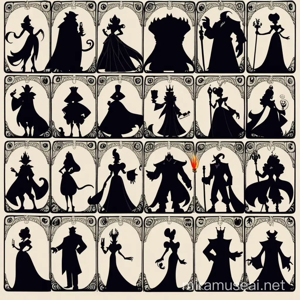 all disney villains silhouette, shadows, chronological timeline, ornemental villainous card back, calligraphic lines, disney style, victorian style, black outline