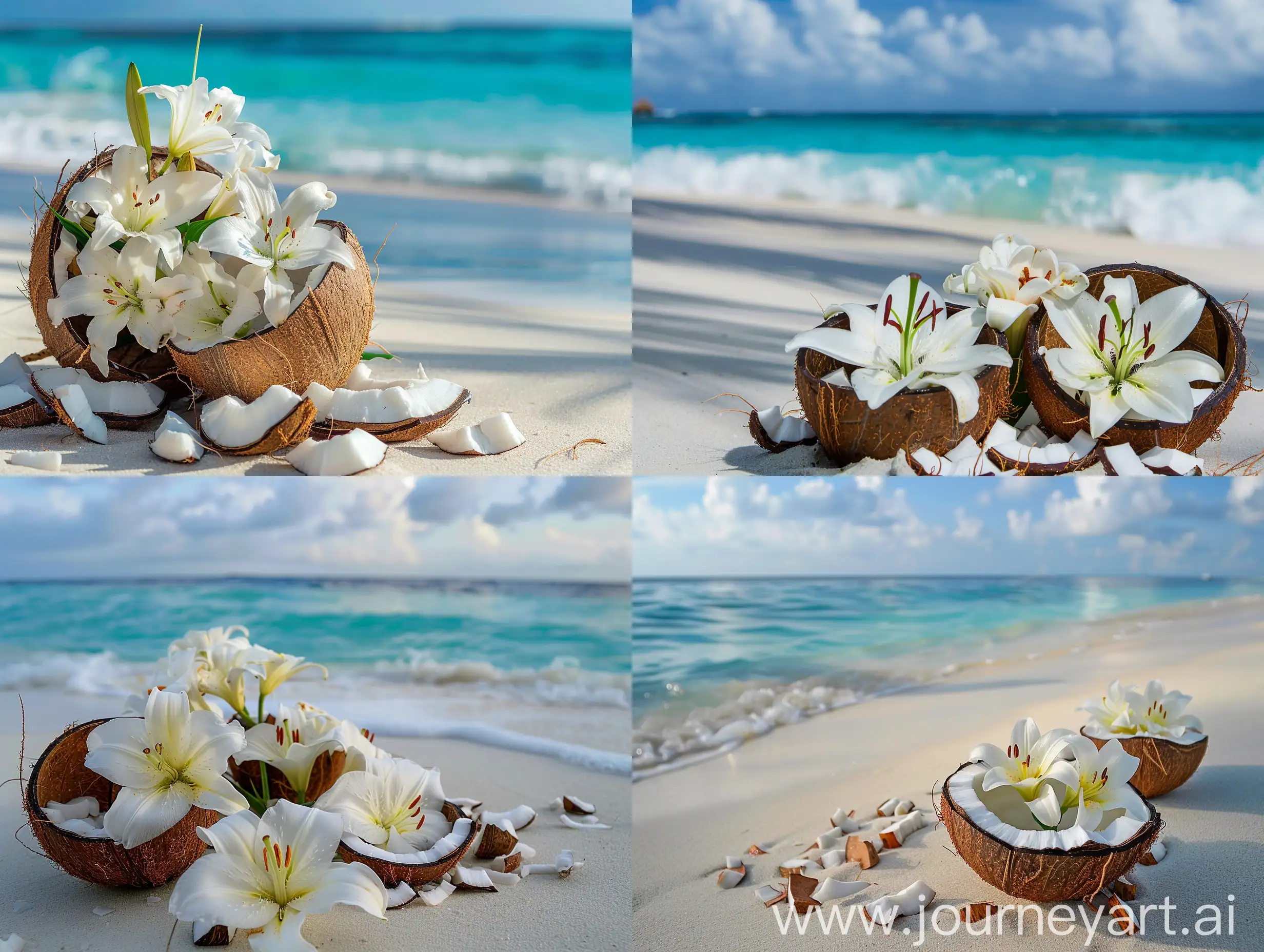 Tranquil-White-Lilies-Arrangement-on-the-Sandy-Maldivian-Shore