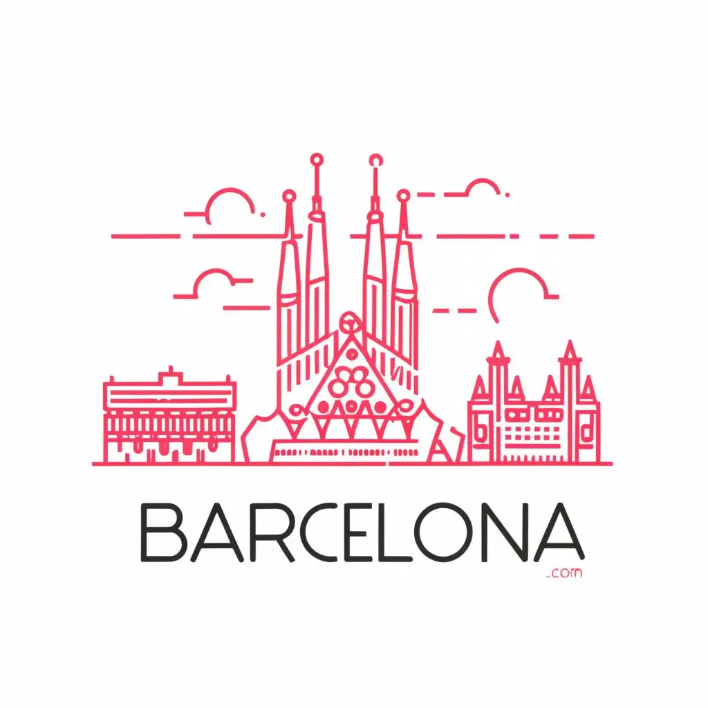 logo, a stylized outline of the skyline of Barcelona city with Sagrada Familia in the middle and also Torre Agbar and the W Hotel in red, with the text "BarcelonaResidences.com" typography, pure white background, be used in Real Estate industry