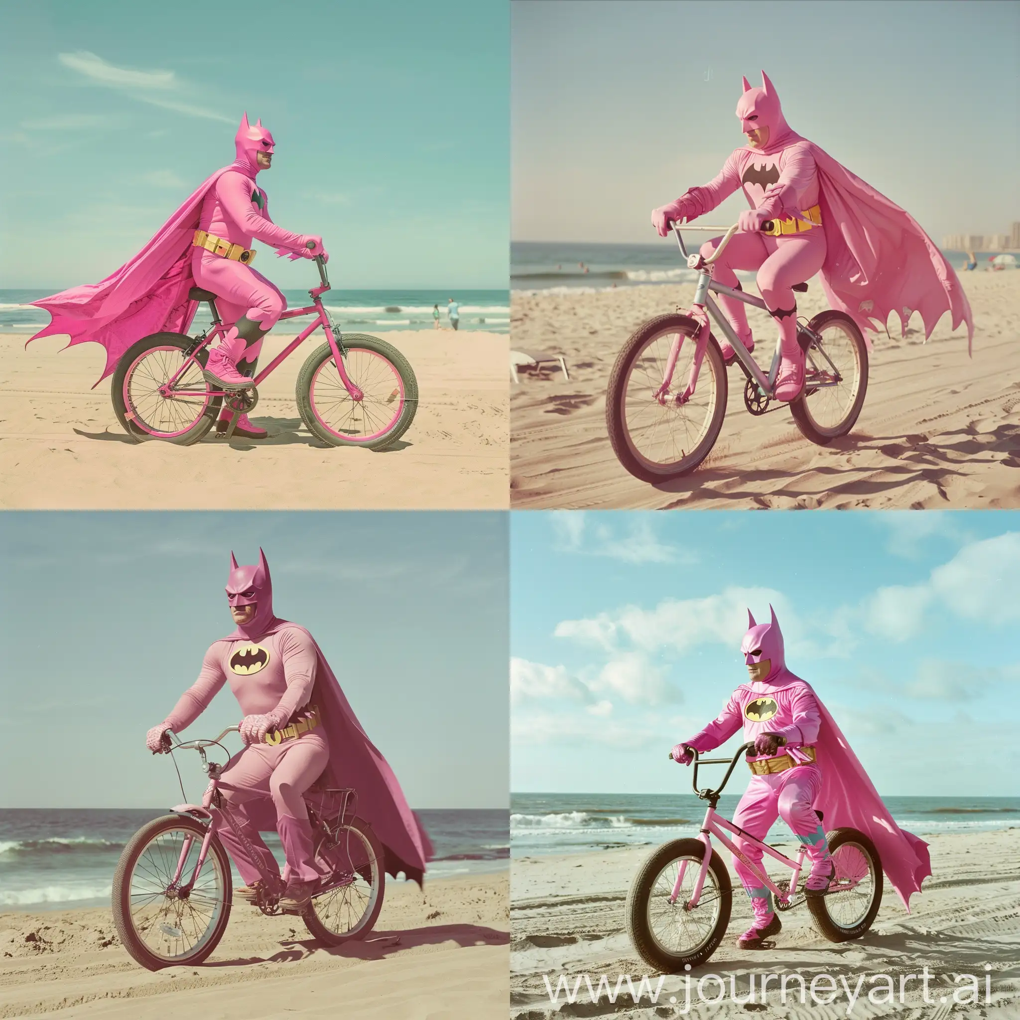 pink batman ride a bike on the beach