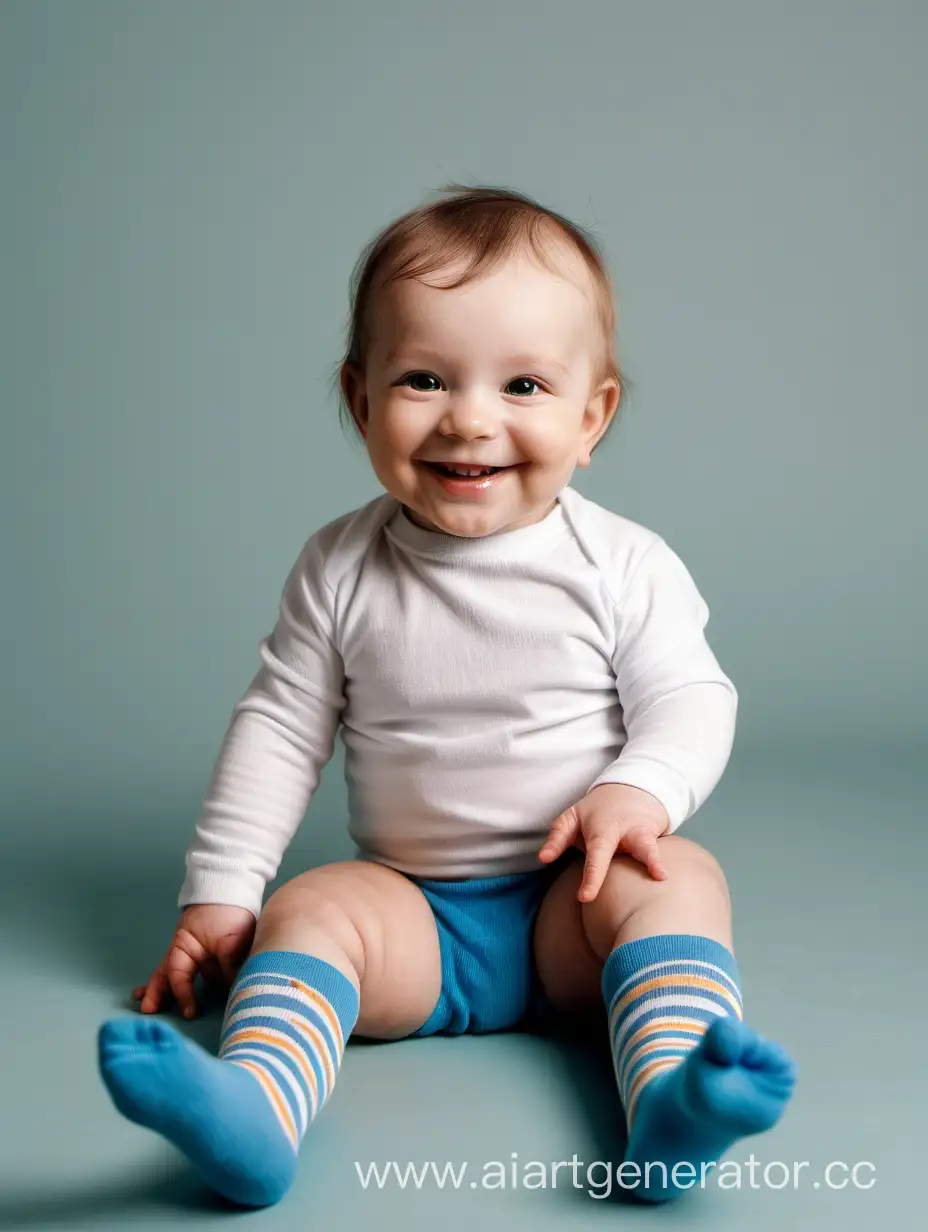 малыш в детских носочках, седит улыбатеся

