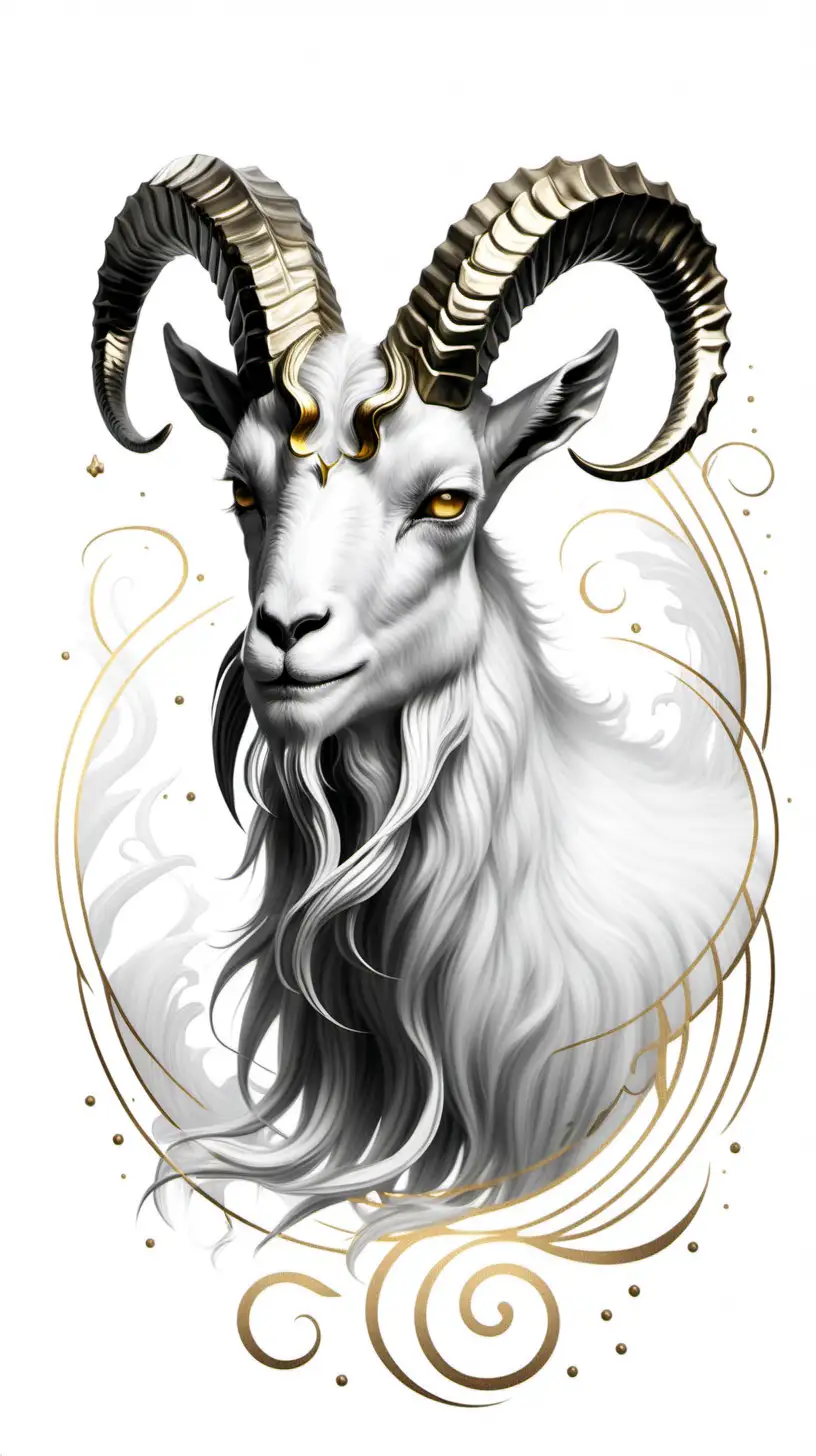 realistic  Capricorn sea-goat zodiac  ♑  featuring the goat head and fish tail
black and white and gold
white empty background