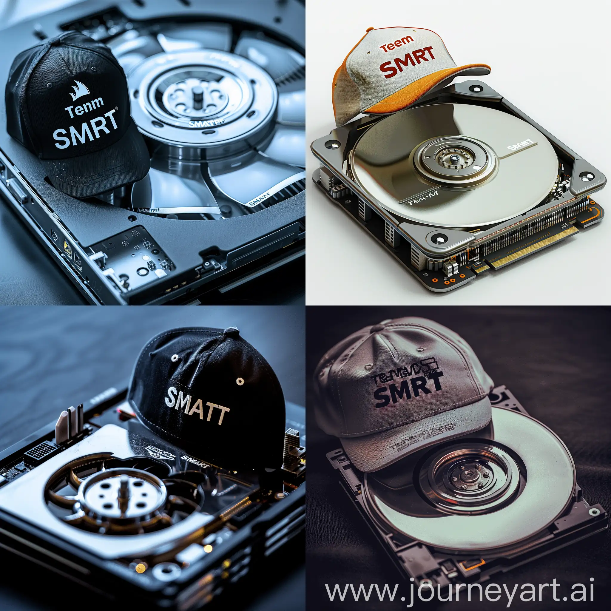 a computer hard disk, cover removed, wearing a cap with the text "Team SMART"