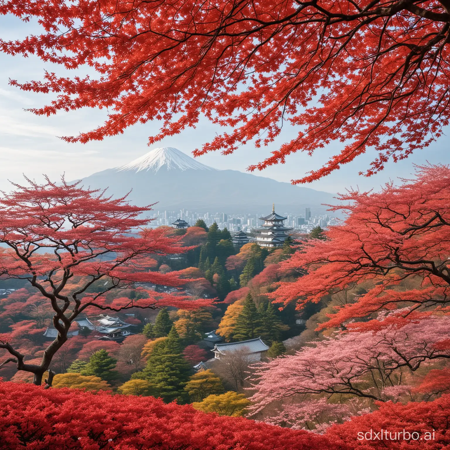 Japan-Cherry-Blossoms-and-Red-Maple-Trees-in-Bloom