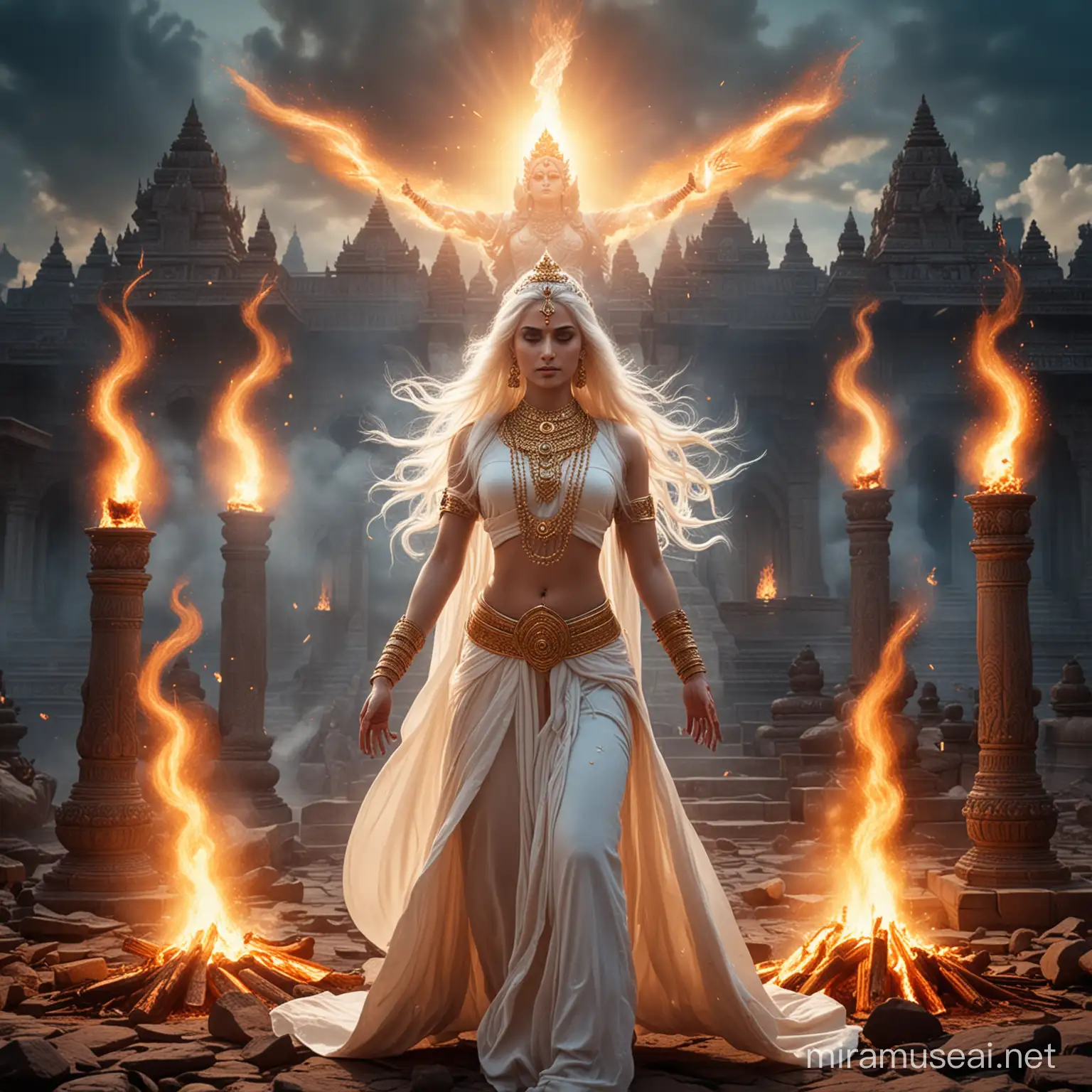 Powerful Hindu Empress Meditating and Wielding Fire in Battle