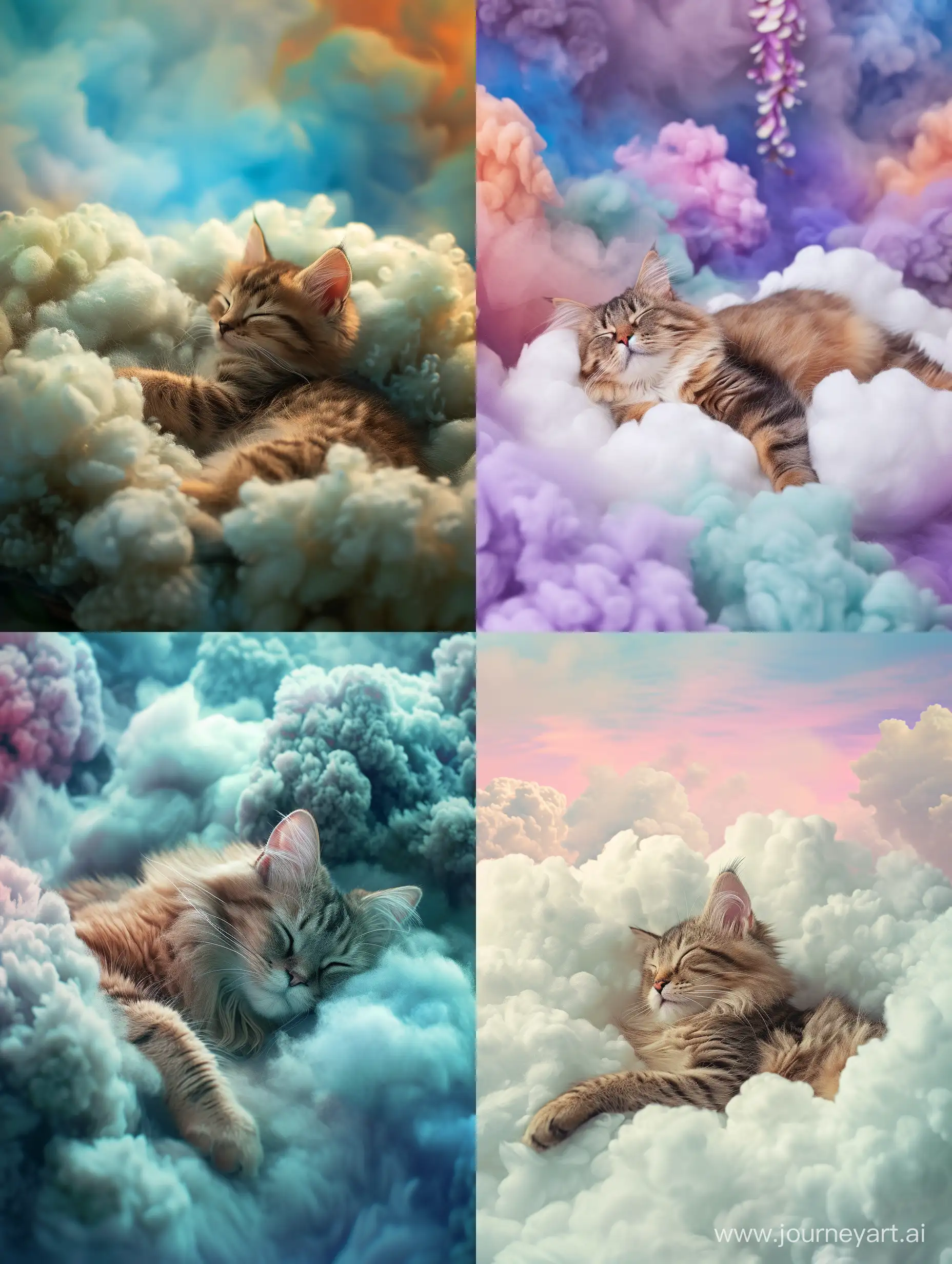 A cute cat peacefully sleeps on fluffy clouds, surrounded by a breathtakingly realistic scenery. The vibrant colors and intricate details create an immersive experience, enhanced by the 8K HDR best quality.