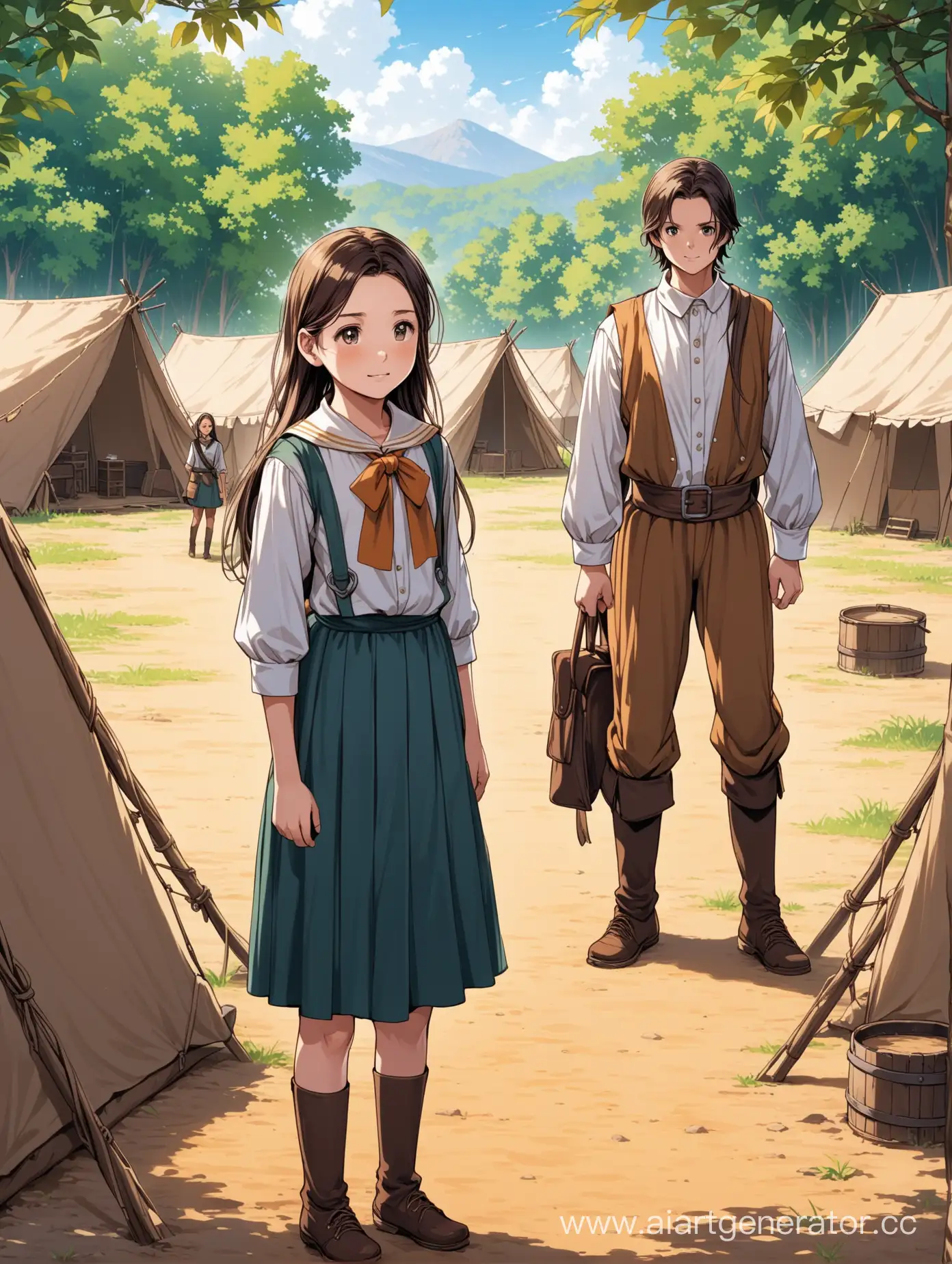 Teenage-Girl-in-Pioneer-Uniform-at-Campsite-with-BonditeLooking-Companion