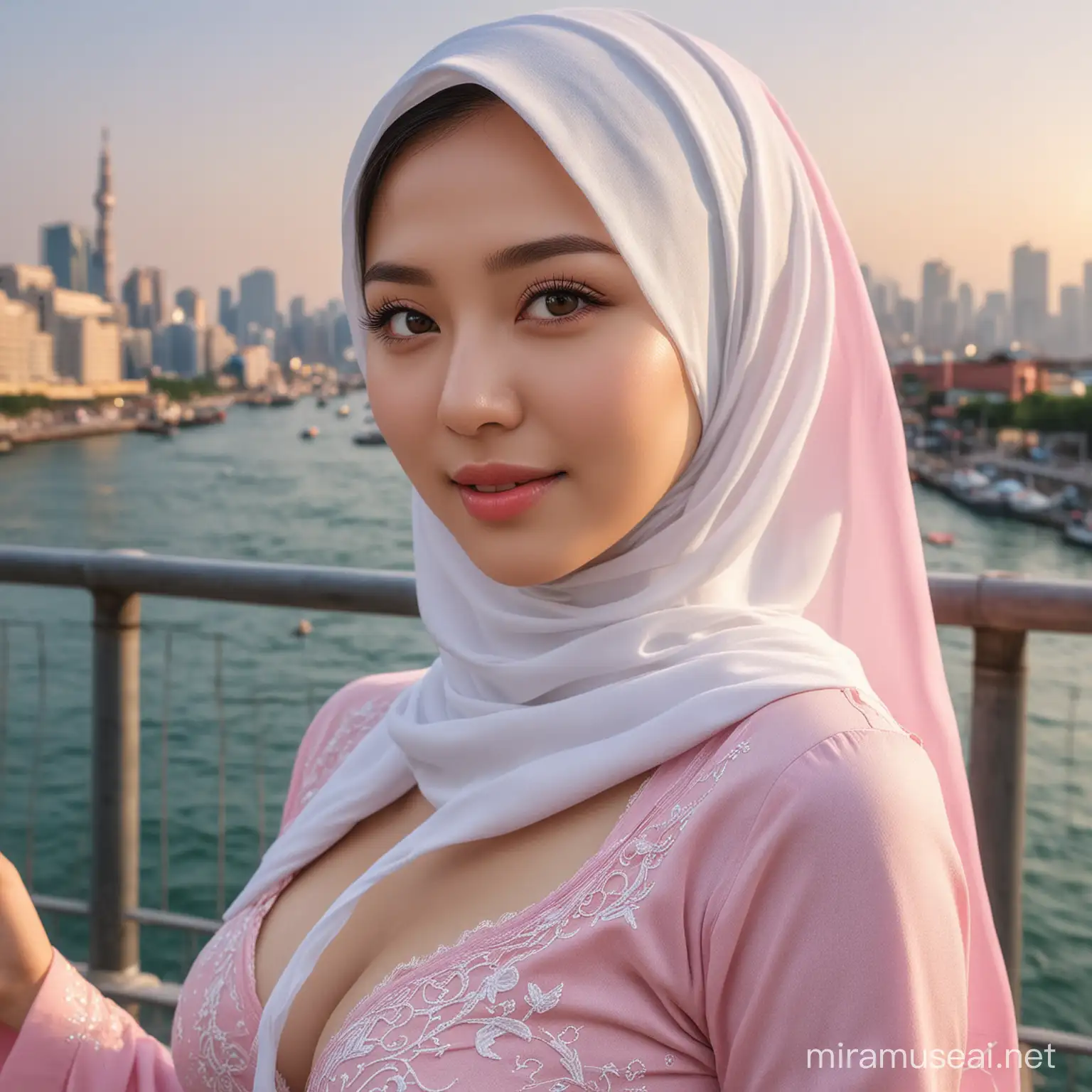 hyper realistic, full HD, 1 Girl, Beautiful, indonesian Baby Face, 28 Years Old, White Skin, pink Hijab Gamis Muslim Outfit, Big Chest, looking to the camera,Jakarta city Background, ((Best Quality, 8K, Masterpiece: 1.3)), Slim Abs Beauty: 1.3, tirus face glow (Big Breasts: 1.3), sexy body, Super Fine Face, very beautifull, smile face, detail, Delicate Eyes, Double Eyelids, young girl, hijabi, white skin, korean artist, standing, (skin glow:1.3), white skin, (huge breasts), The Most Beautiful Women in Korea, beautiful bridge, panties, detail body, super realistic HD 100% beauty image.