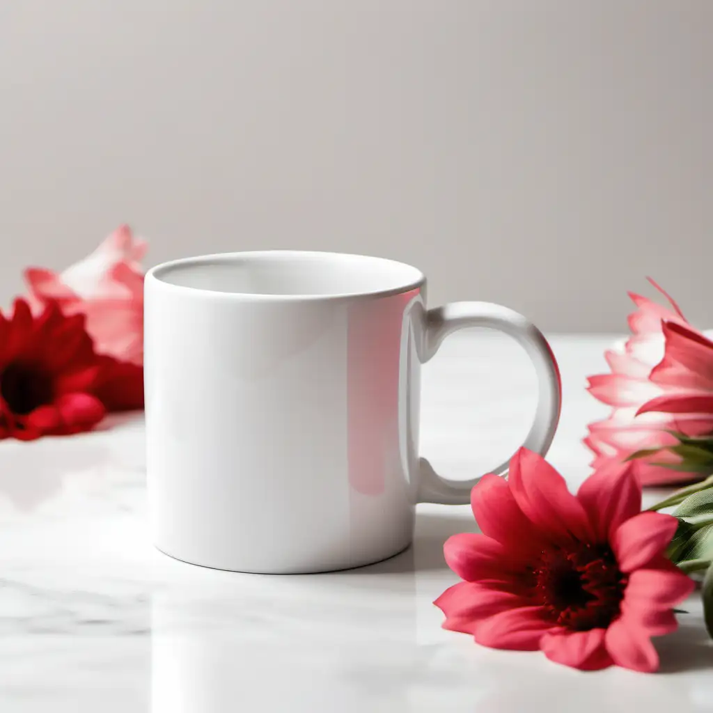 Produce a mockup of a plain white 11oz ceramic mug on a white kitchen table, with red and pink flowers,scattered loosely around , flat lay, colorful ,kitchen background, The image should highlight and zoom focus on the mug ,under soft, ambient lighting, emphasizing its sleek, design-free appearance.
The mug must not have any type of design, plain white.

