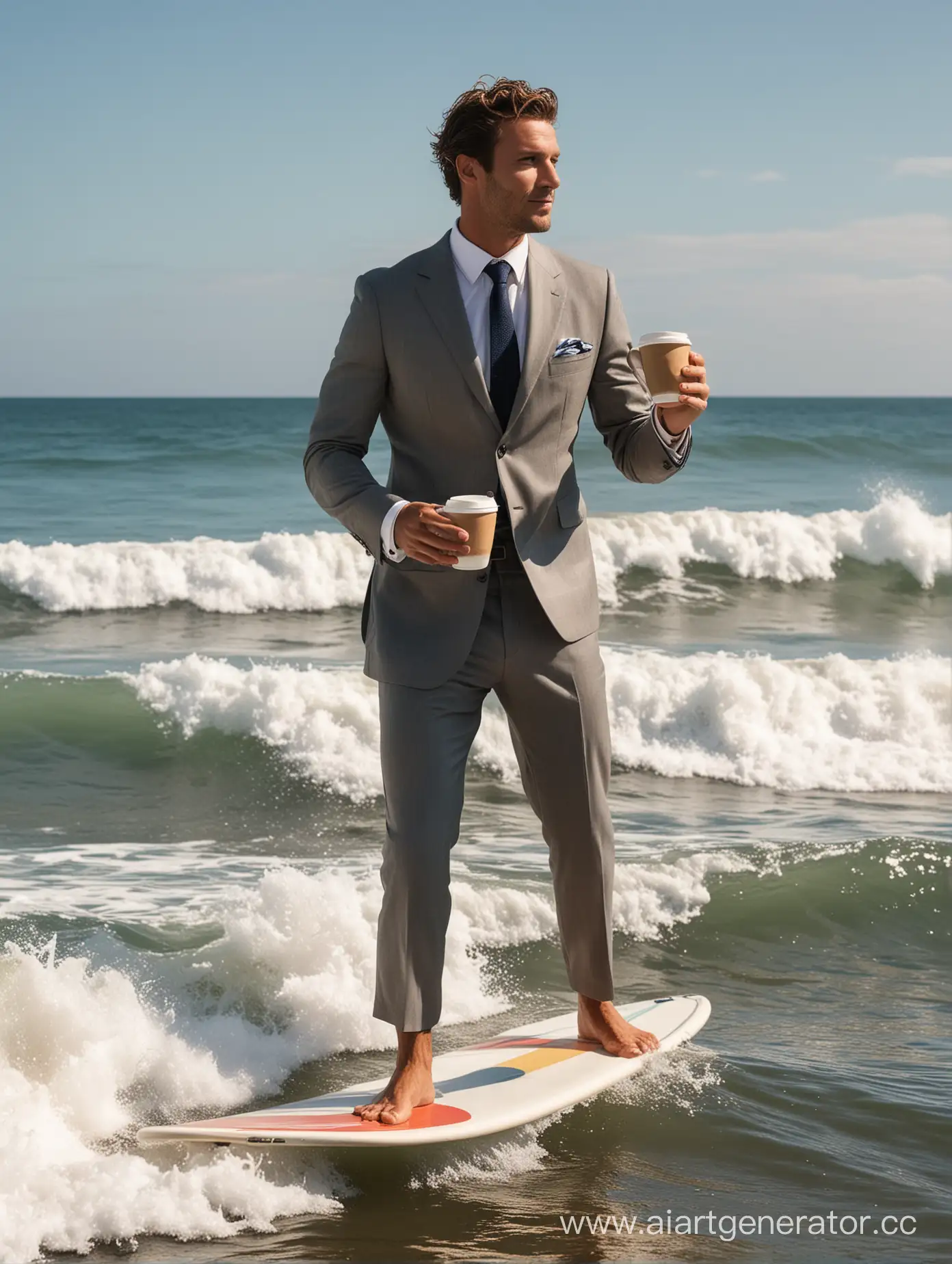 мужчина в классическом костюме в момент занятия серфингом стоит на доске для серфинга на волне в океане держит в руке кофейный стаканчик