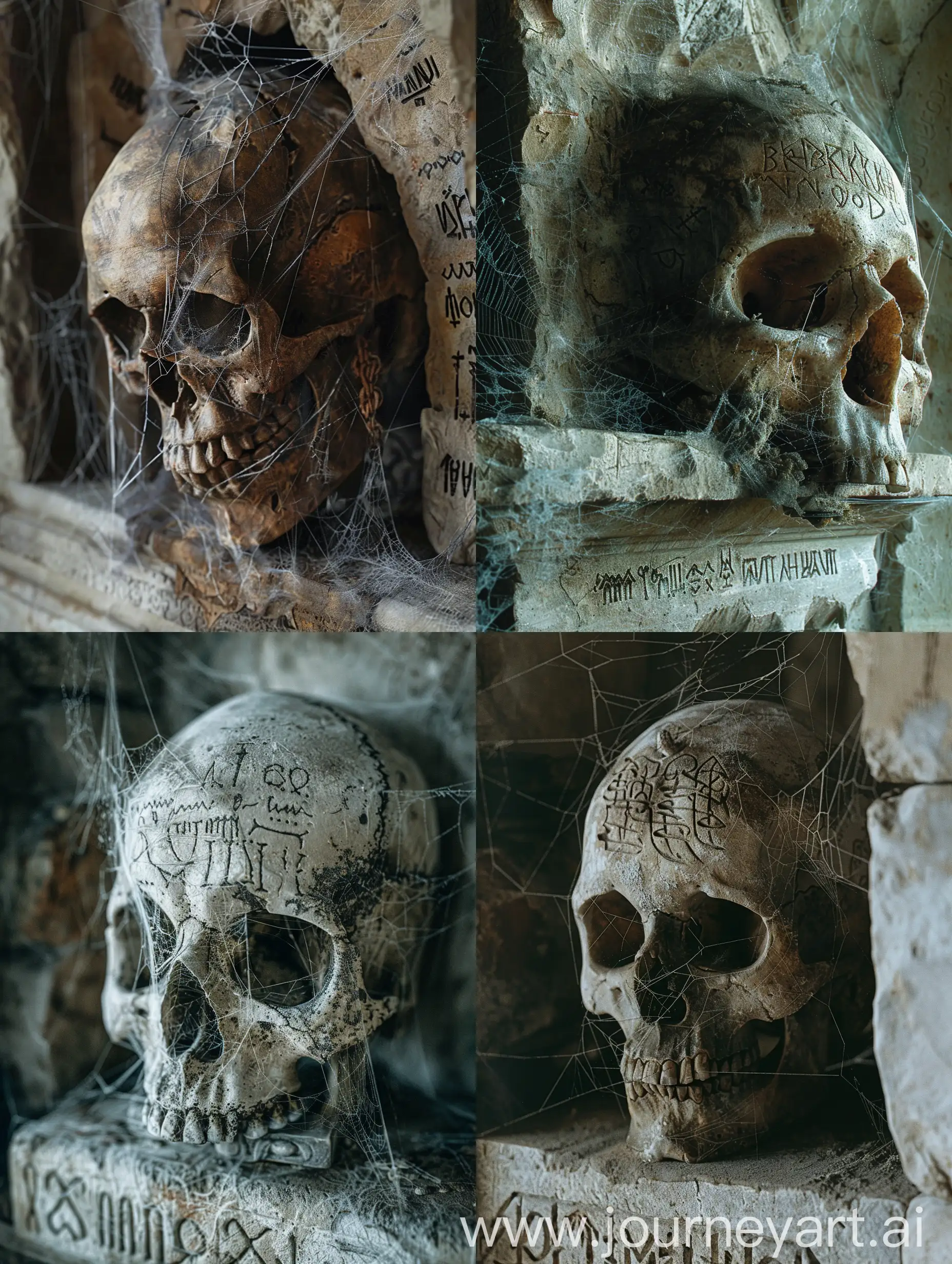 Skull of the King of the Dead,Beksinski grotesque haunting unsettling dark,on ancient On a stone shelf,cobwebs everywhere,runic script,incredible detail,terrifying.