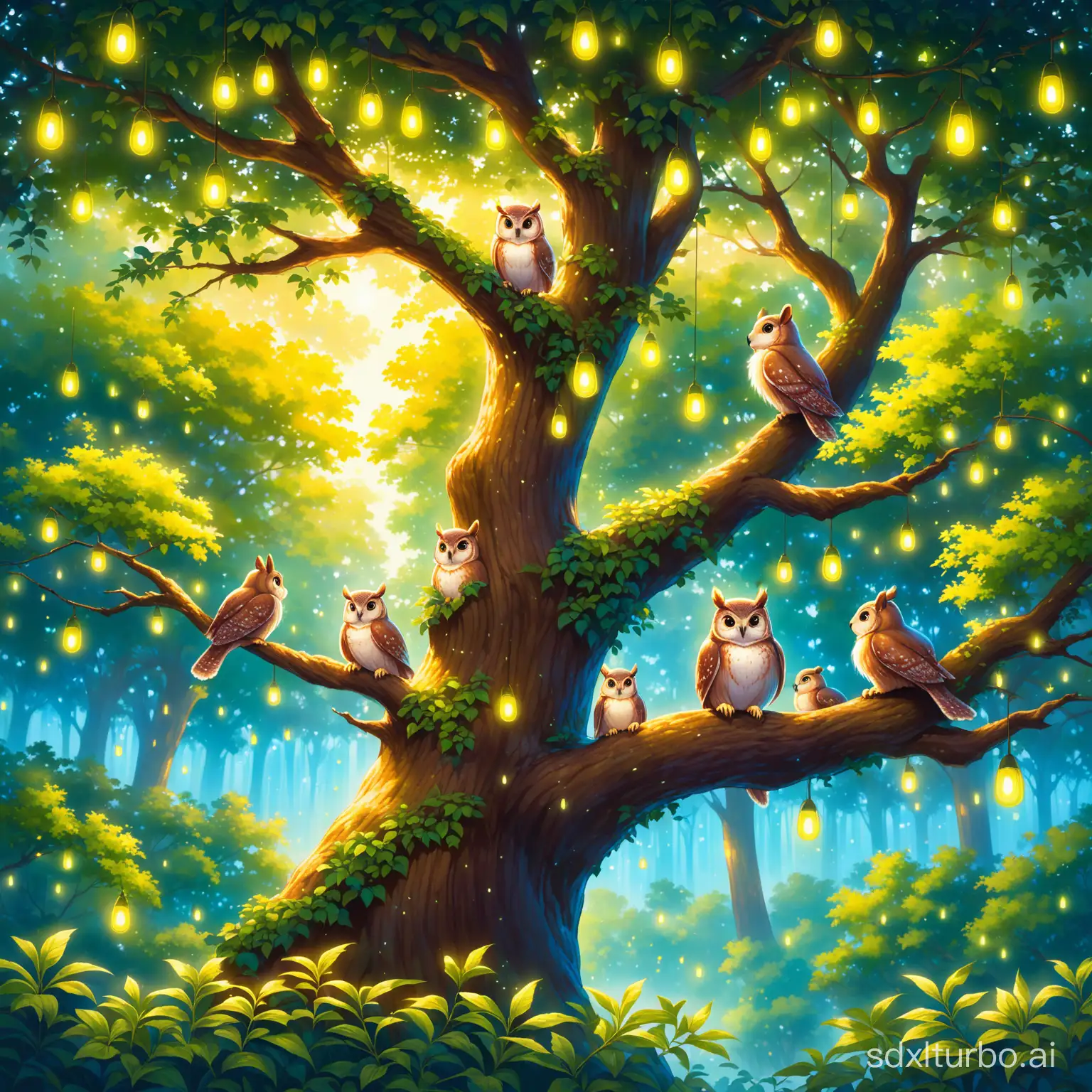 Enchanting-Tree-Birds-Squirrel-Owl-and-Fireflies-in-Harmonious-Nature-Scene