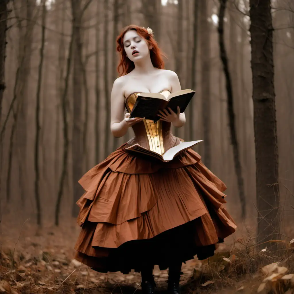 Girl dressed in rust coloured layered skirt, gold corset, stood in a forest, holding an old music book, pages of the music blowing around her