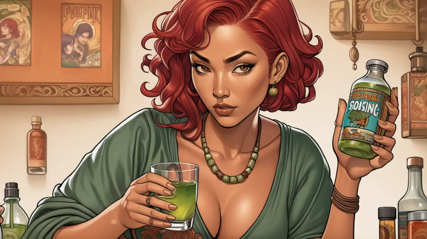 Latina Woman with Red Hair Plotting Poisoning Drink in Asian and AfricanInfluenced Comic Book Style