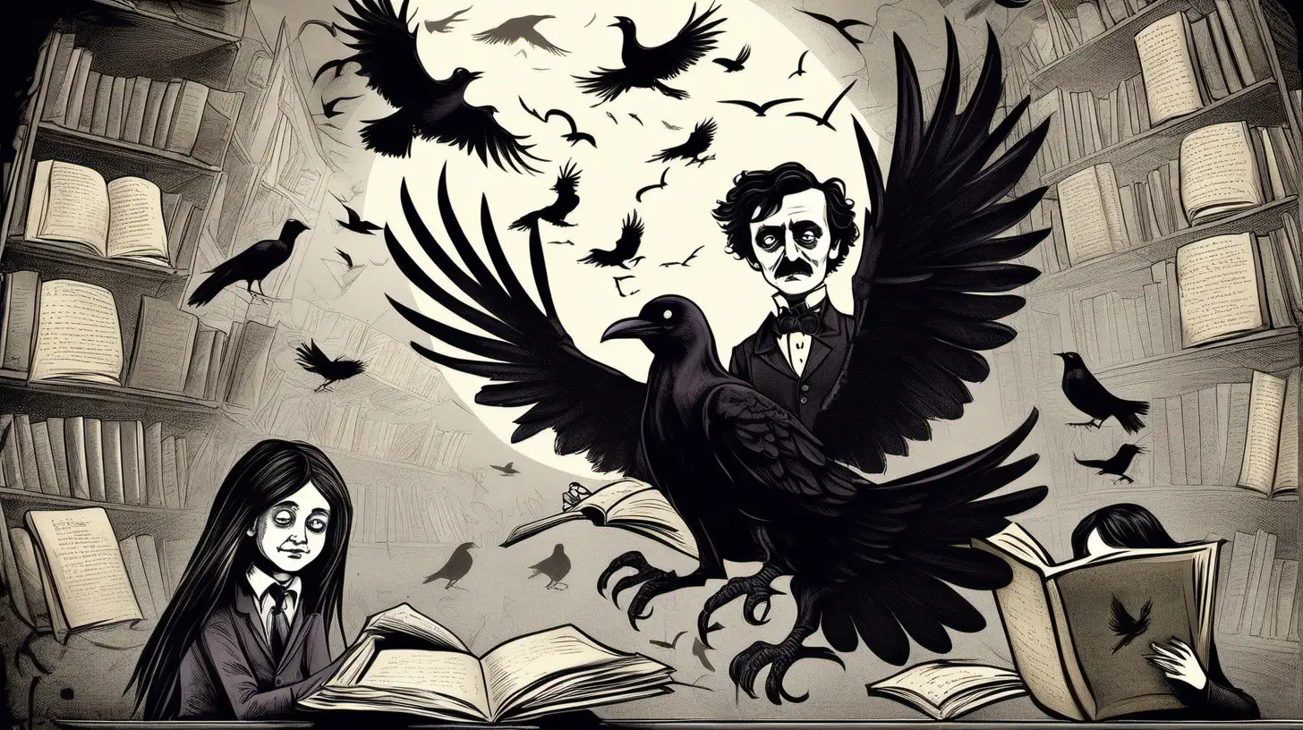 Students reading books having fun imagining Edgar Allan Poe and The Raven