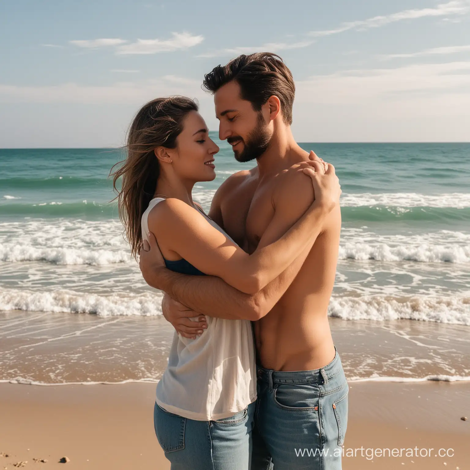 мужчина и женщина обнимаются на фоне пляжа фото по пояс