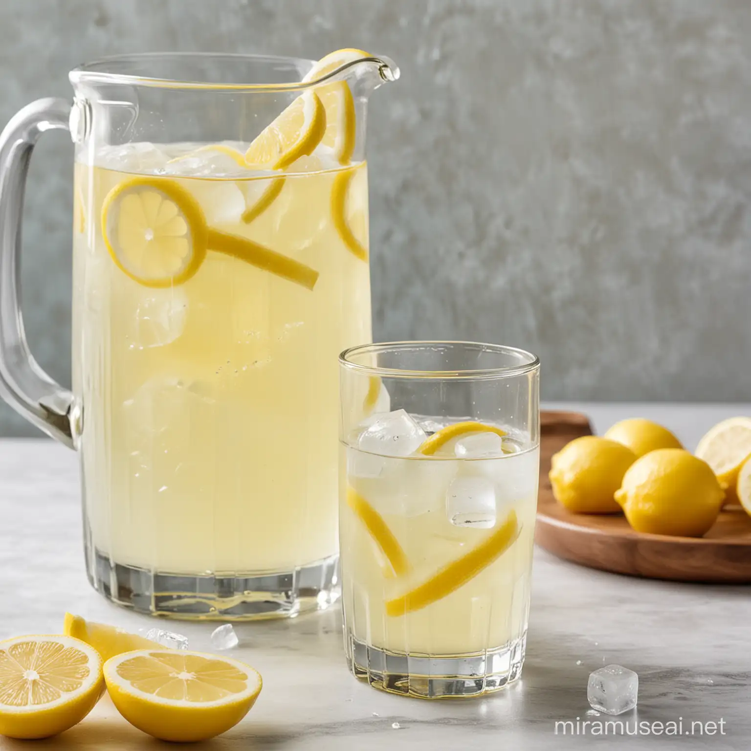 Refreshing Glass of Lemonade with Ice Cubes and Pitcher