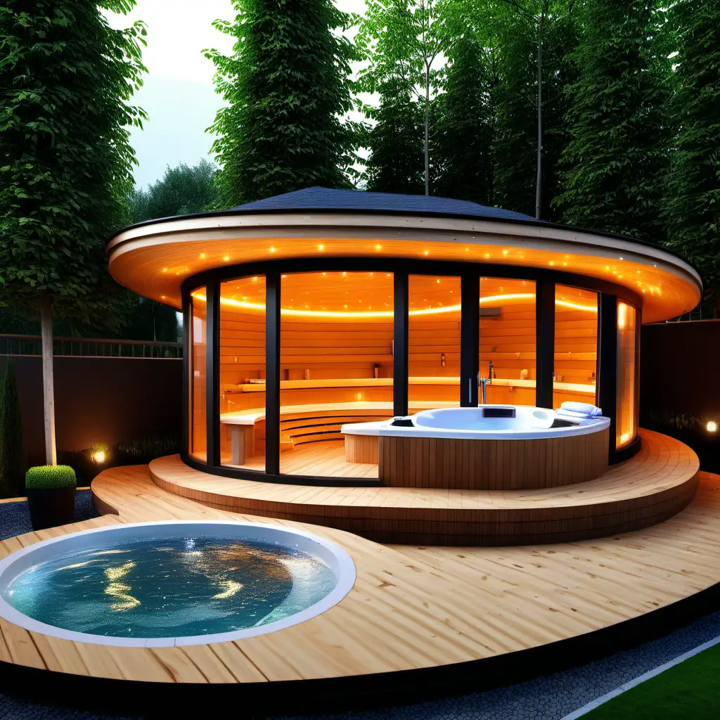 Amazing curved glulam  garden Spa designe wit jacuzzi,  sauna and ambiental lights.  